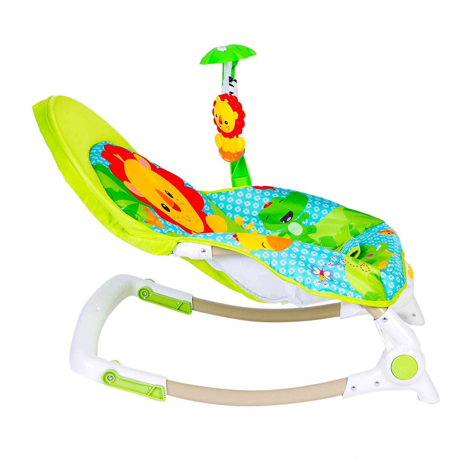 Newborn To Toddler Portable Rocker With Hanging Toys Lion Green