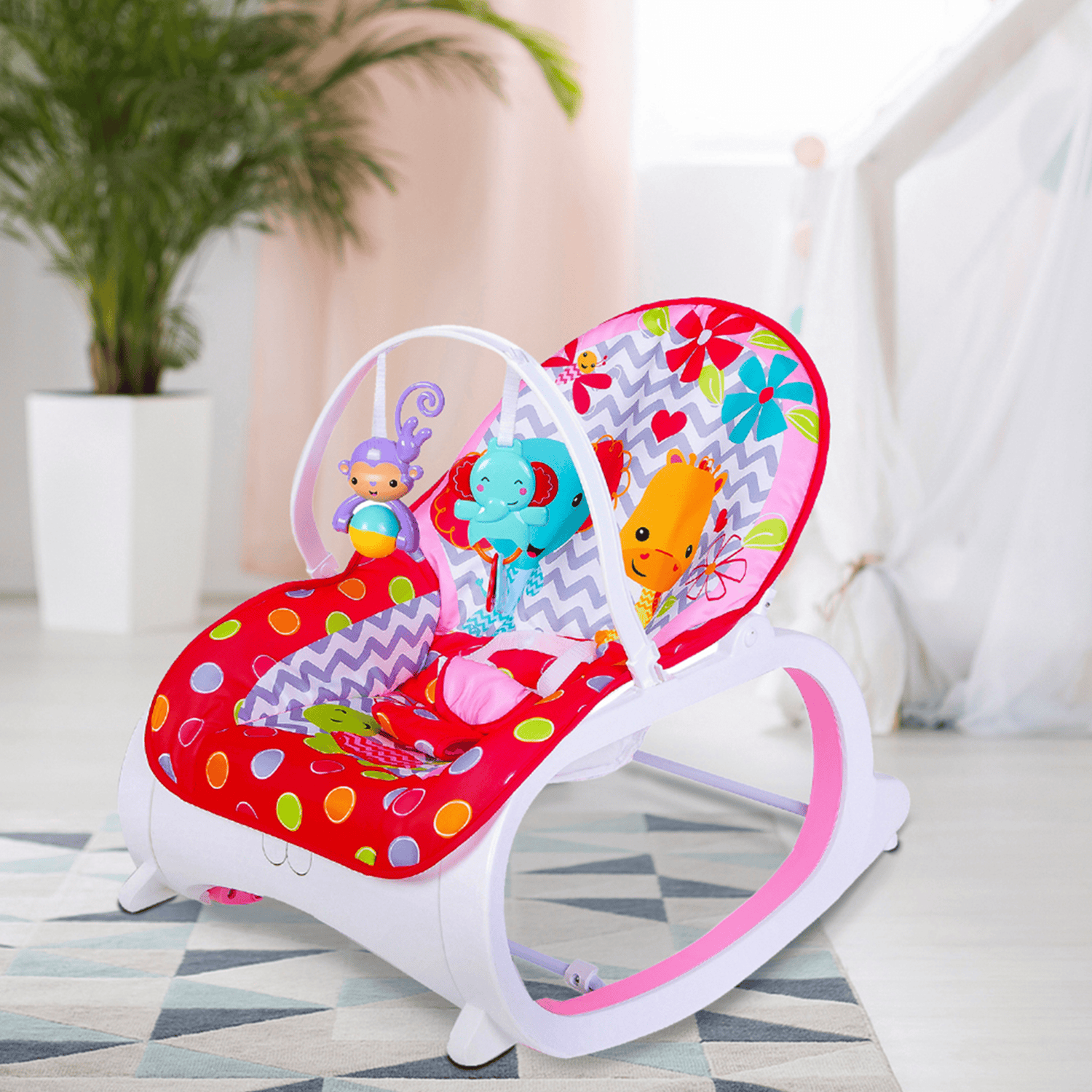 Infant To Toddler Polka Dotted Portable Rocker With Hanging Toys Red & Pink