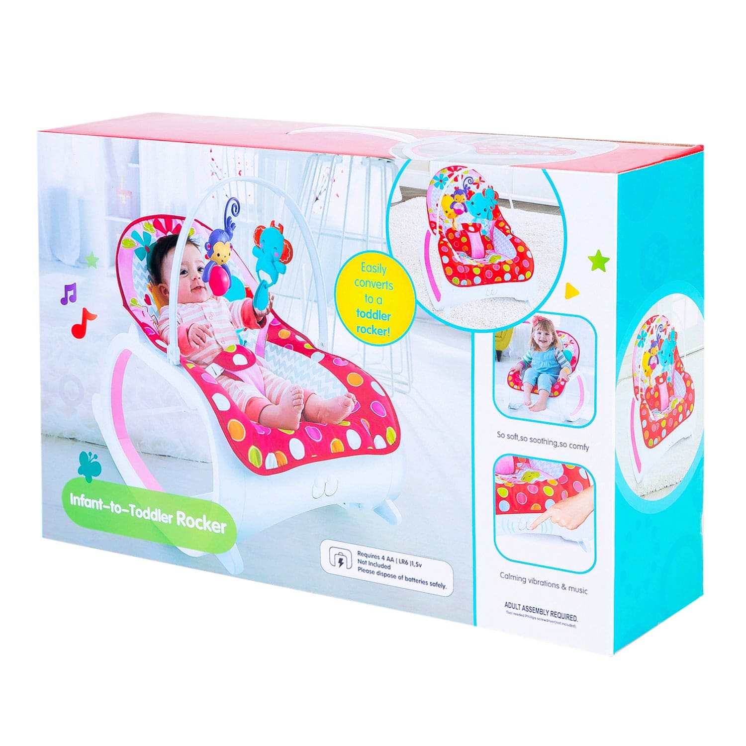 Infant To Toddler Polka Dotted Portable Rocker With Hanging Toys Red & Pink