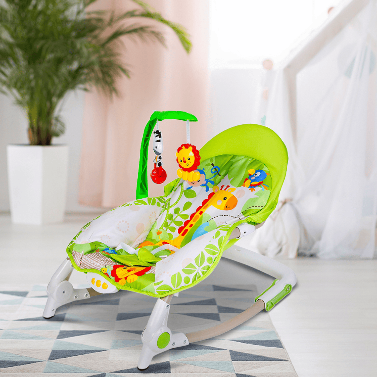 Newborn To Toddler Portable Musical Rocker With Hanging Toys Green