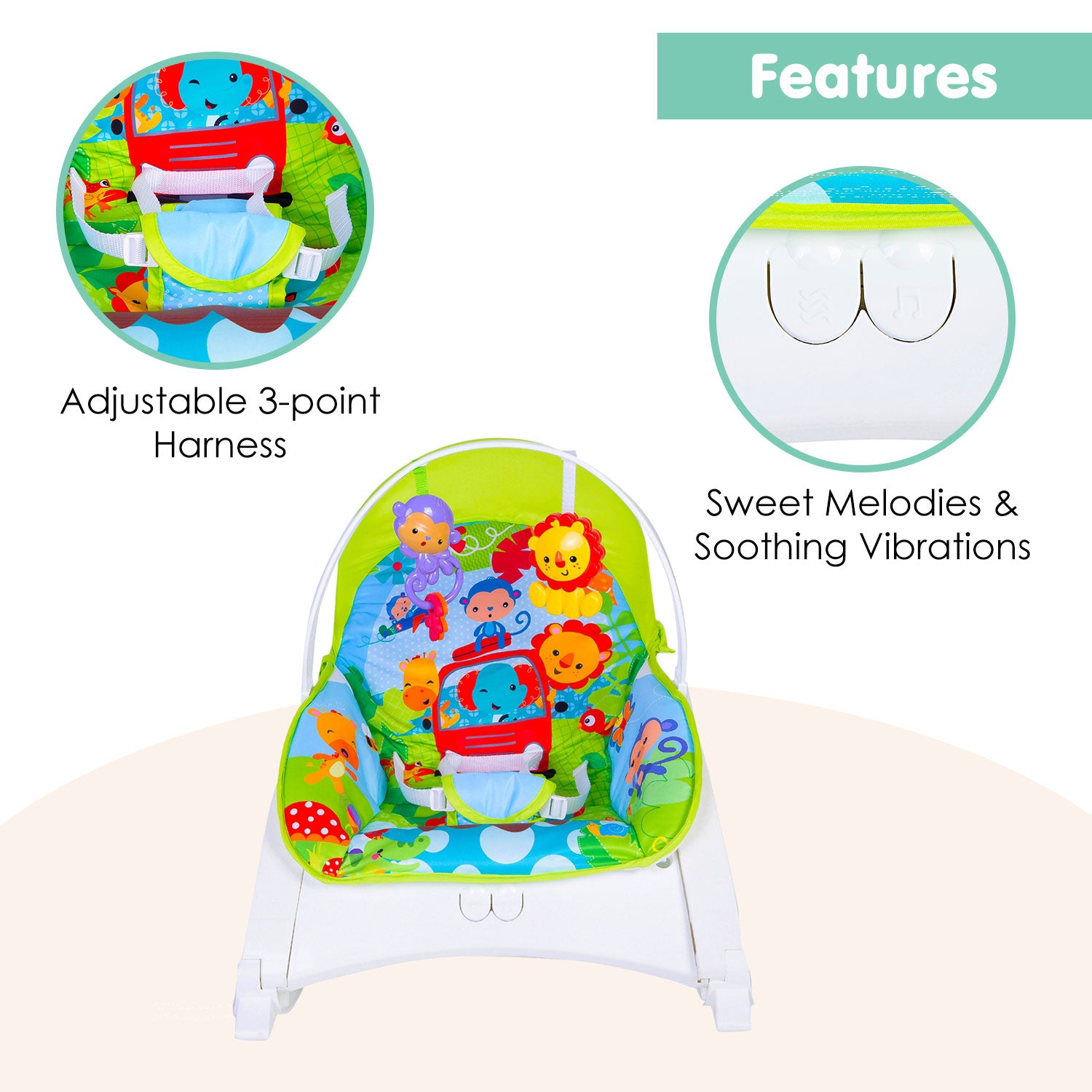 Newborn To Toddler Portable Bouncer With Hanging Toys Green