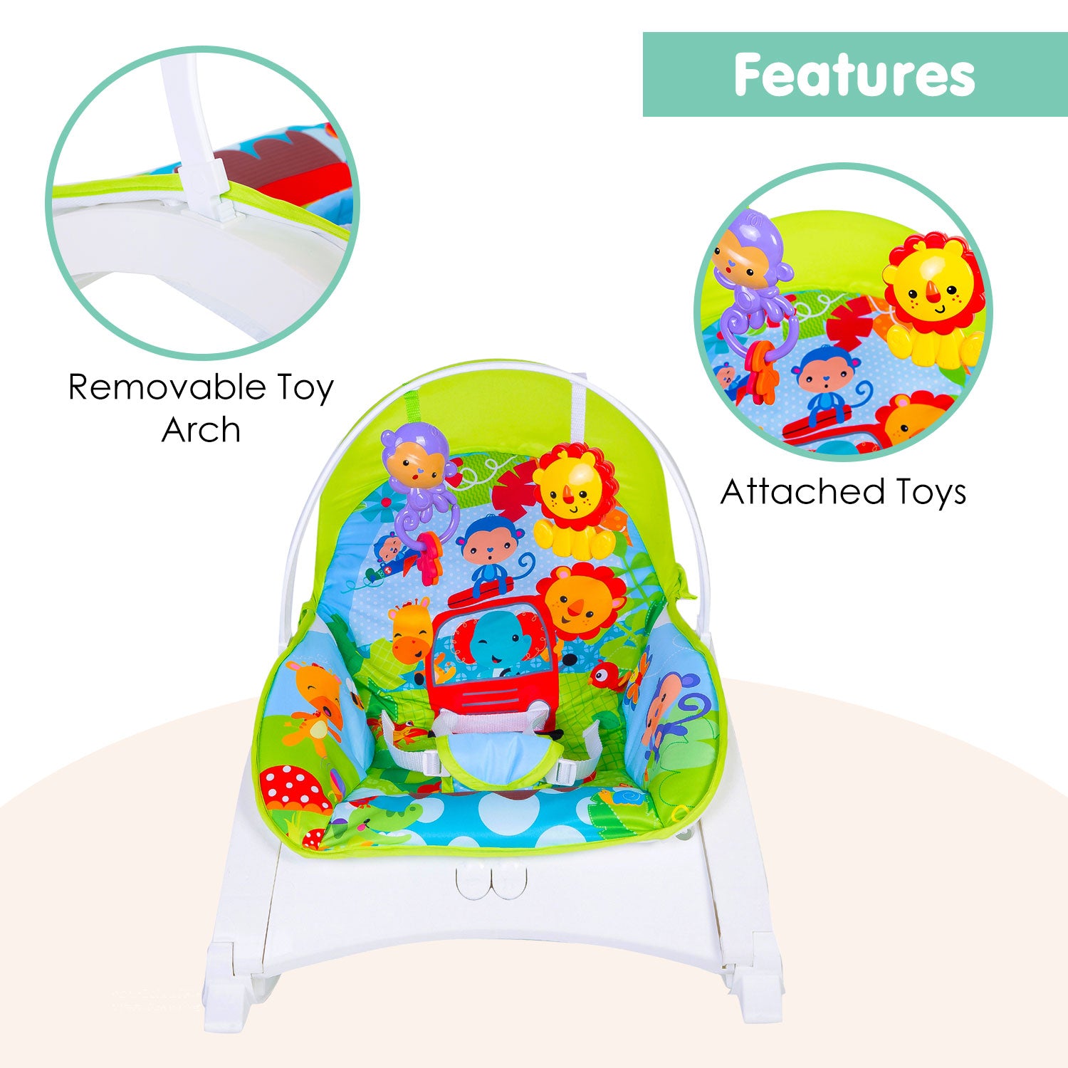Newborn To Toddler Portable Bouncer With Hanging Toys Green
