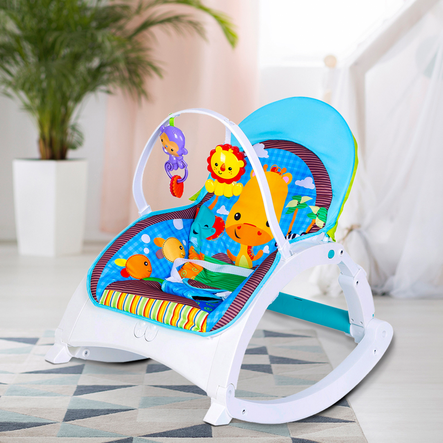 Newborn To Toddler Happy Baby Bouncer With Hanging Toys Blue