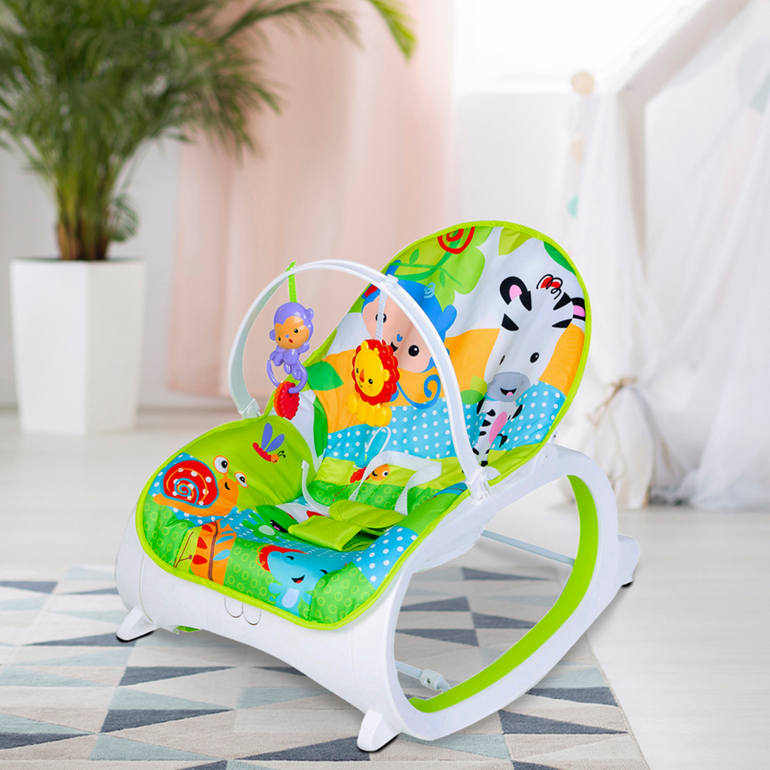 Infant To Toddler Happy Baby Bouncer With Hanging Toys Green