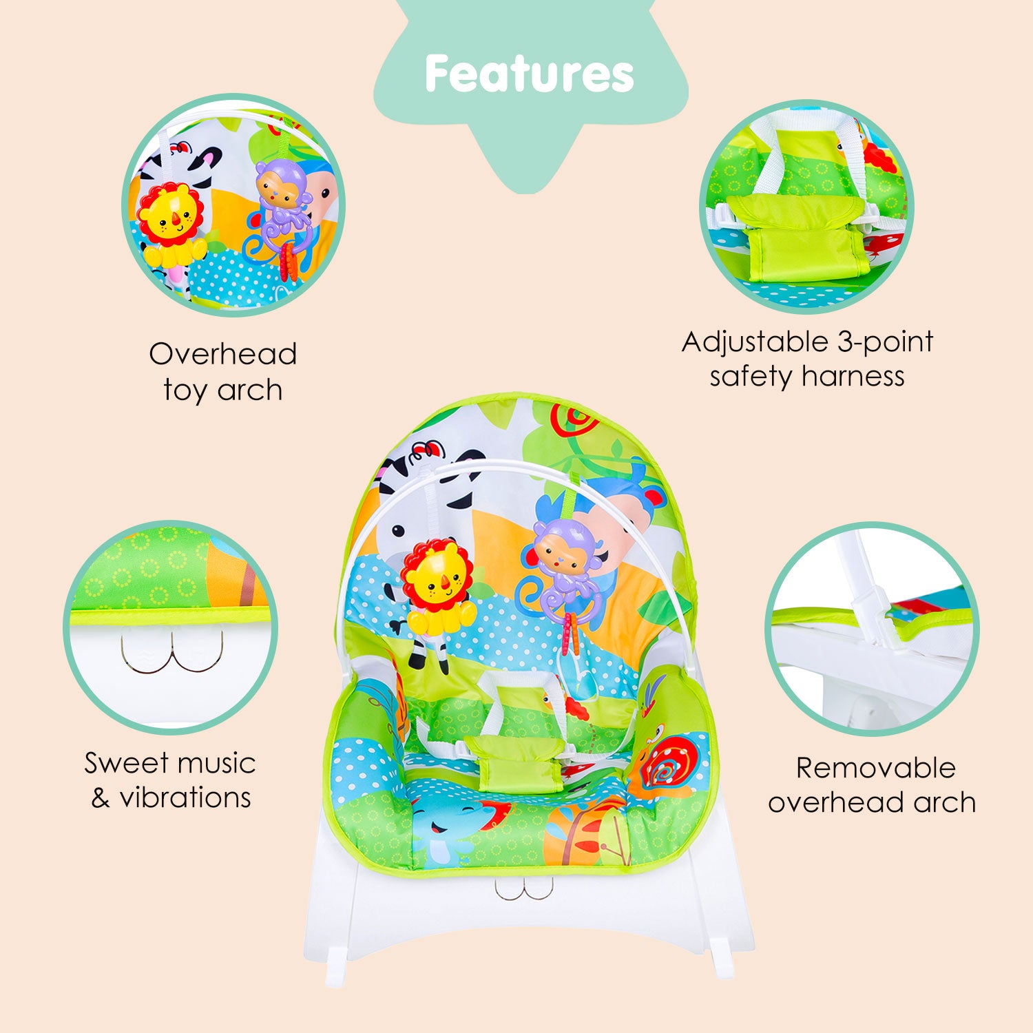 Infant To Toddler Happy Baby Bouncer With Hanging Toys Green