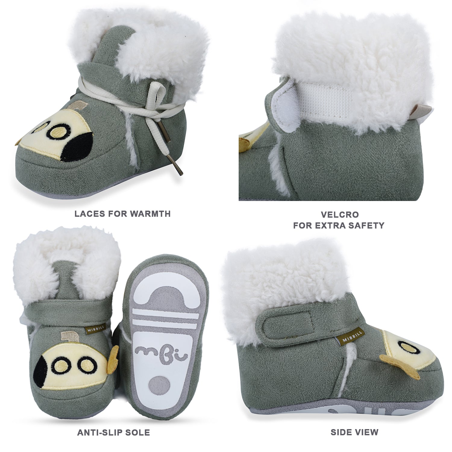 Baby Moo Submarine Velcro Warm Furry Booties - Green - Baby Moo