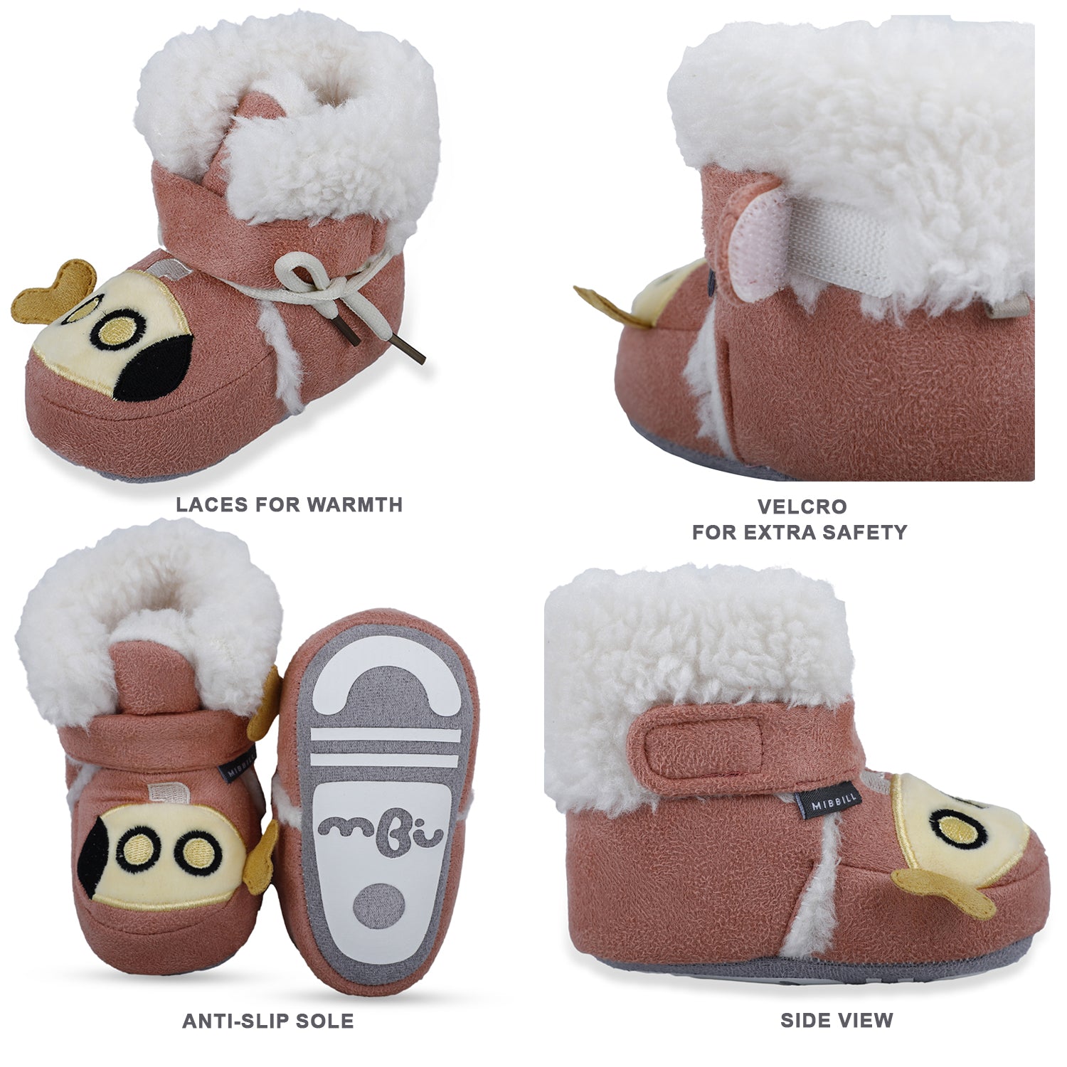 Baby Moo Submarine Velcro Warm Furry Booties - Pink - Baby Moo