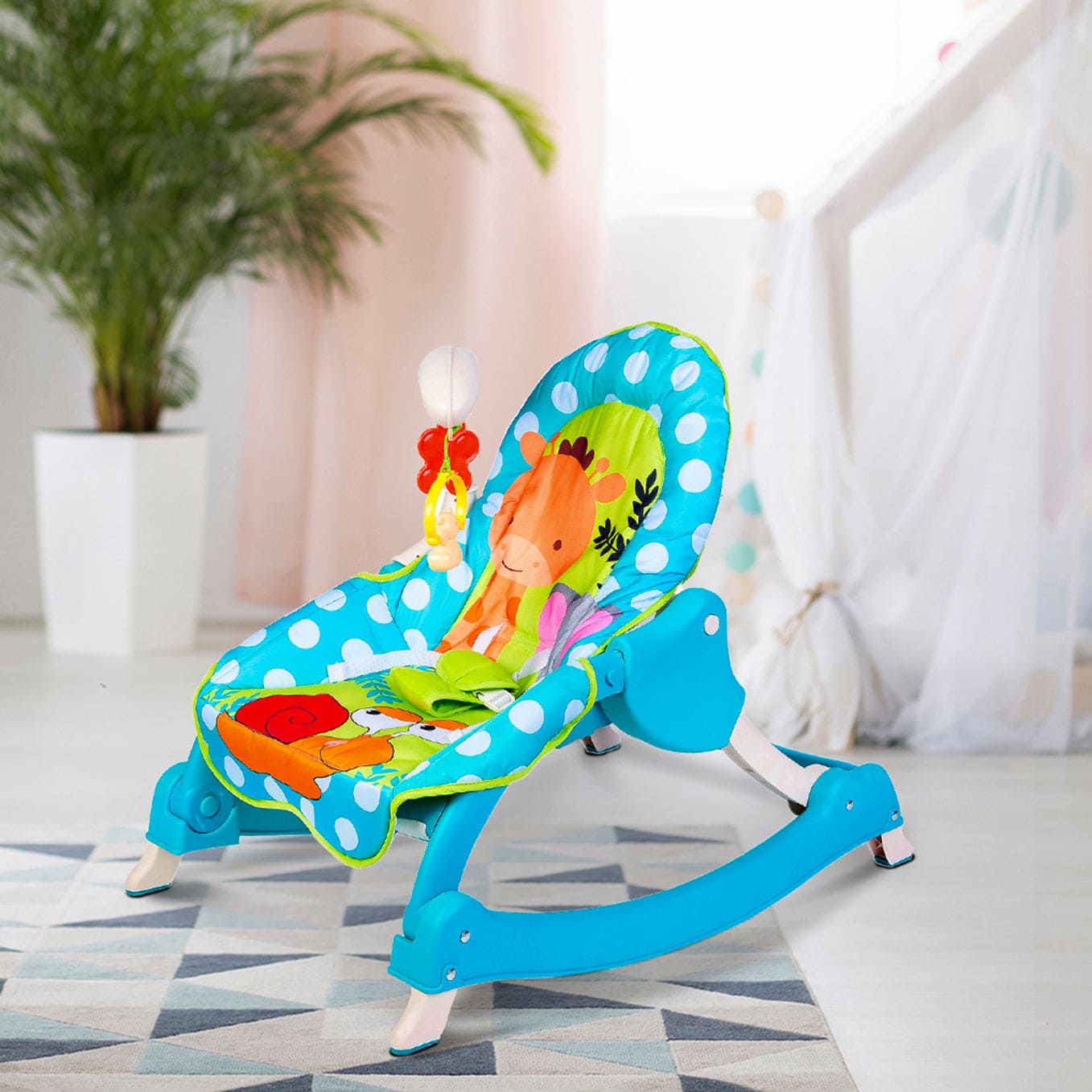 3 Adjustable Level Backrest Musical Baby Rocking Chair Blue Polka Dot