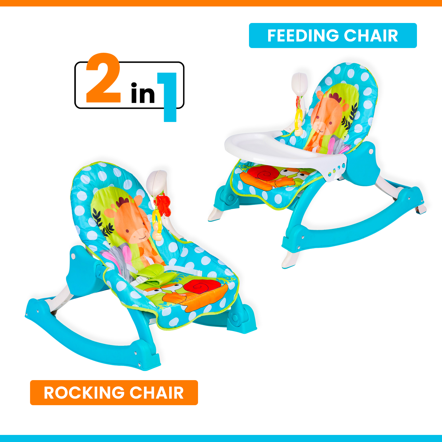 2 In 1 Rocker Cum Feeding Chair 20 Kg Polka Dot Blue