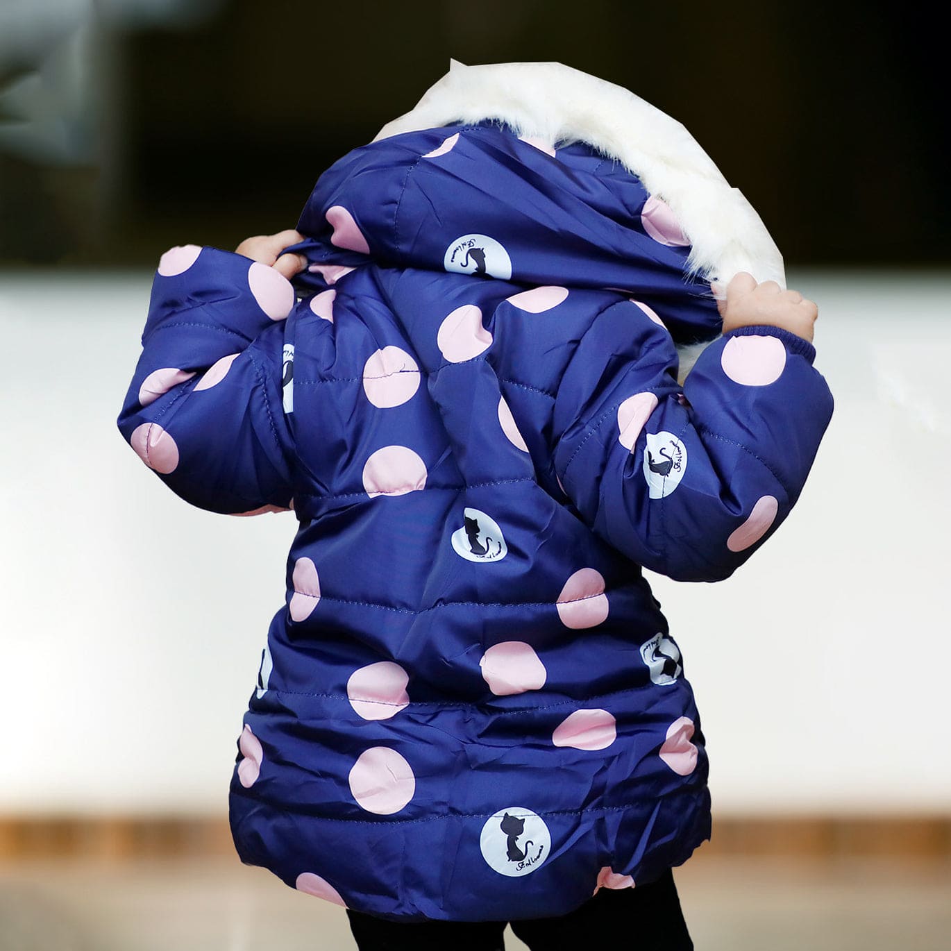 Polka Dotted Navy Blue Hooded Full Sleeve Padded Jacket
