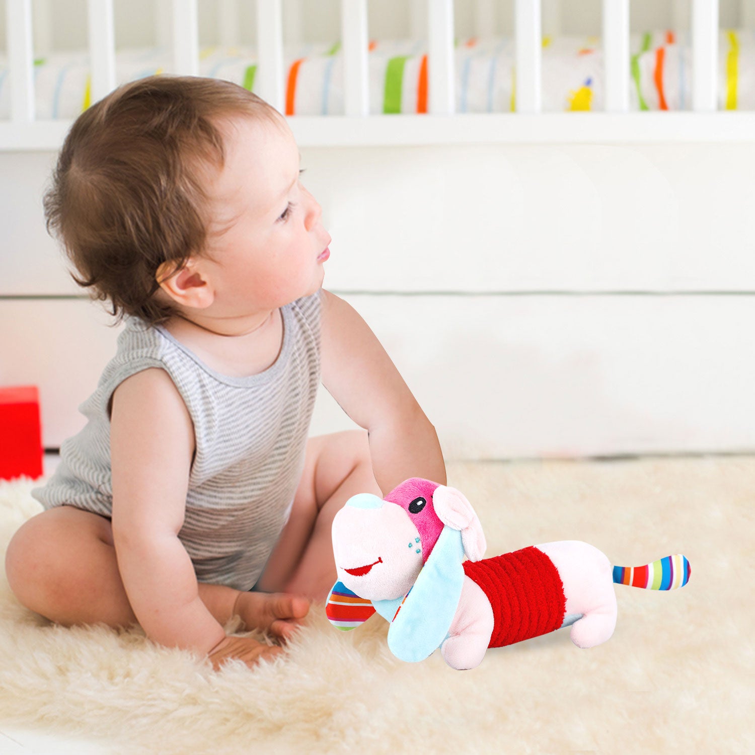 Baby Moo Puppy Quack Sound Plush Stuffed Toy Handheld Rattle - Pink