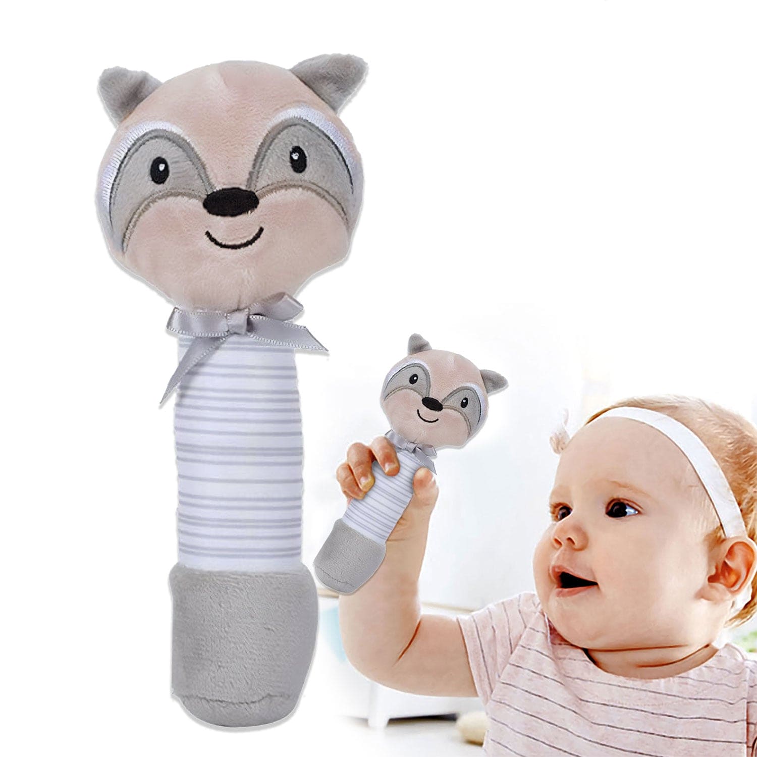 Baby Moo Raccoon Squeaker Sound Handheld Rattle Toy - Grey