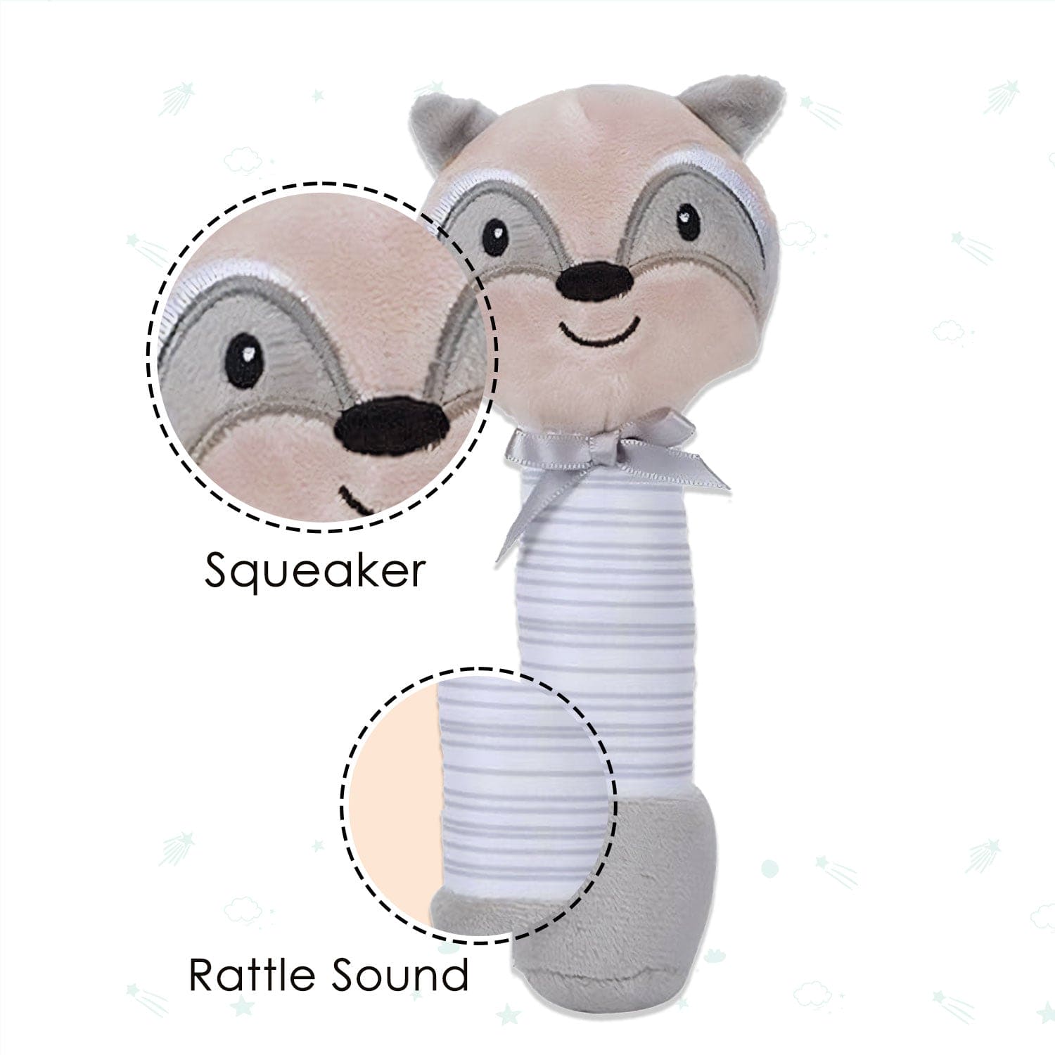 Baby Moo Raccoon Squeaker Sound Handheld Rattle Toy - Grey