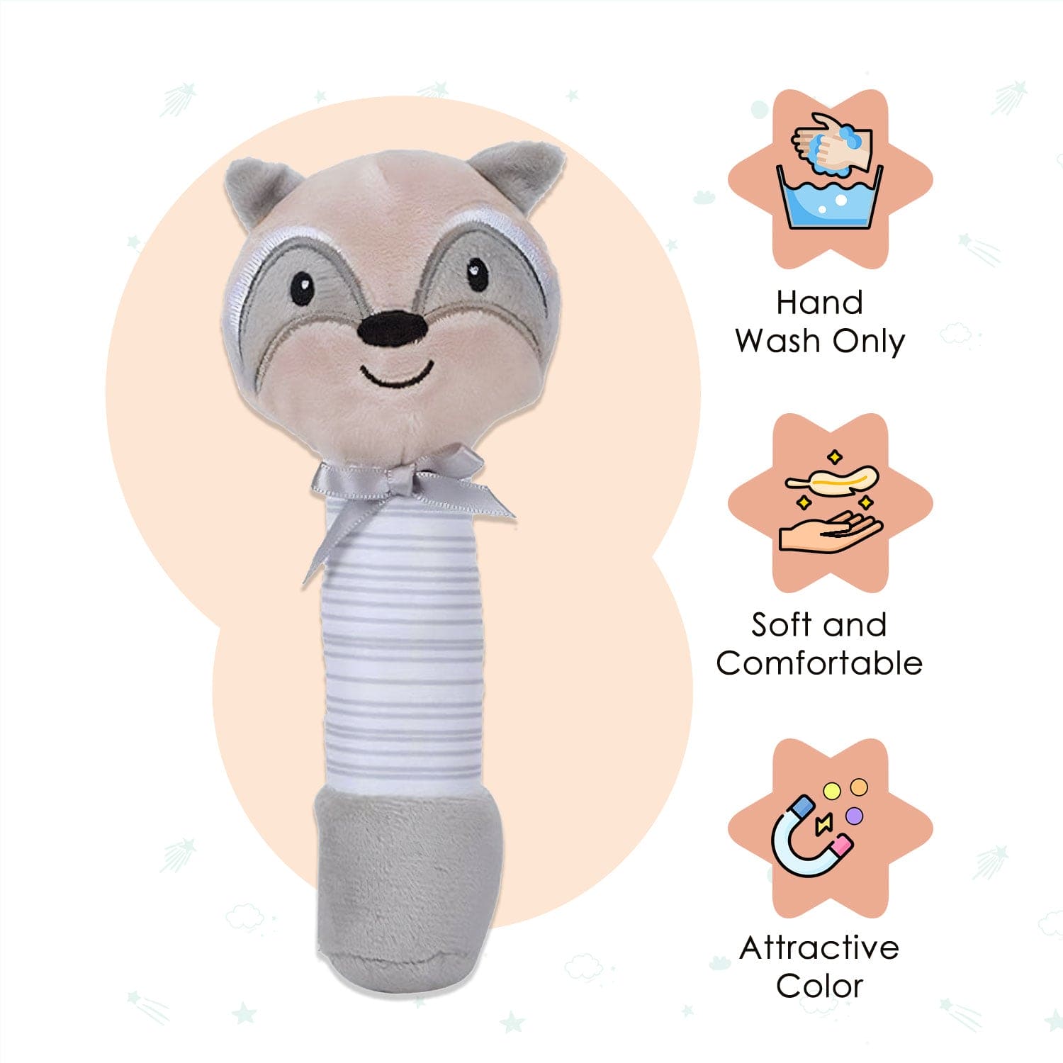 Baby Moo Raccoon Squeaker Sound Handheld Rattle Toy - Grey