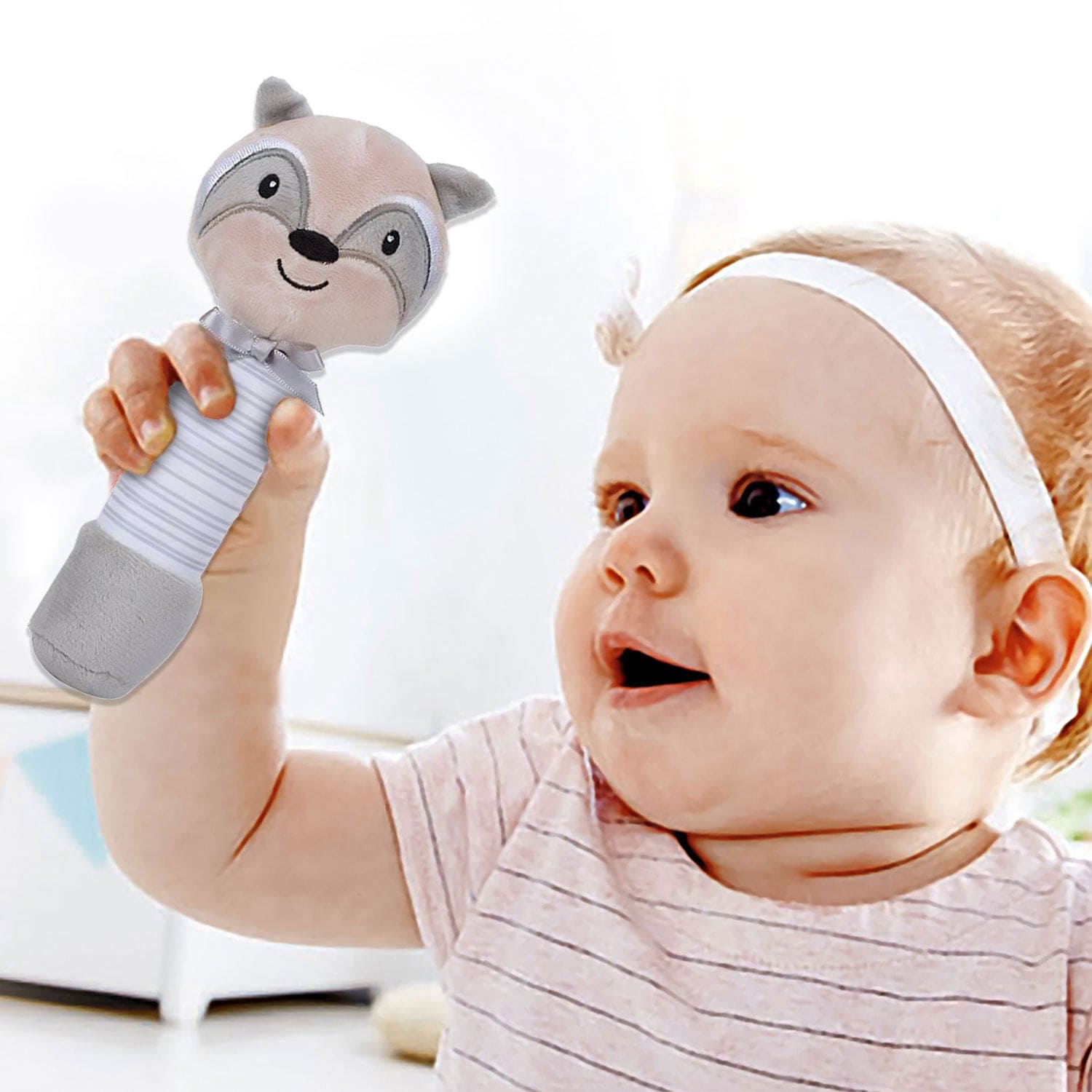 Baby Moo Raccoon Squeaker Sound Handheld Rattle Toy - Grey