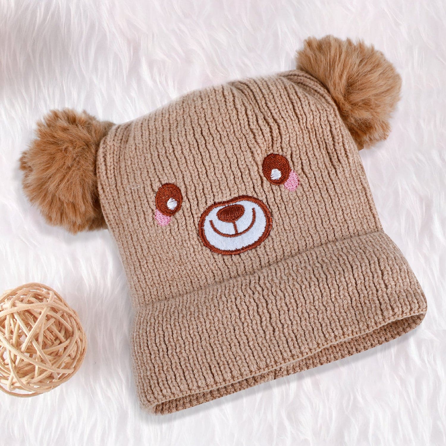 Baby Moo Bear Pom Pom Breathable Beanie Warm Knitted Woollen Cap Tan