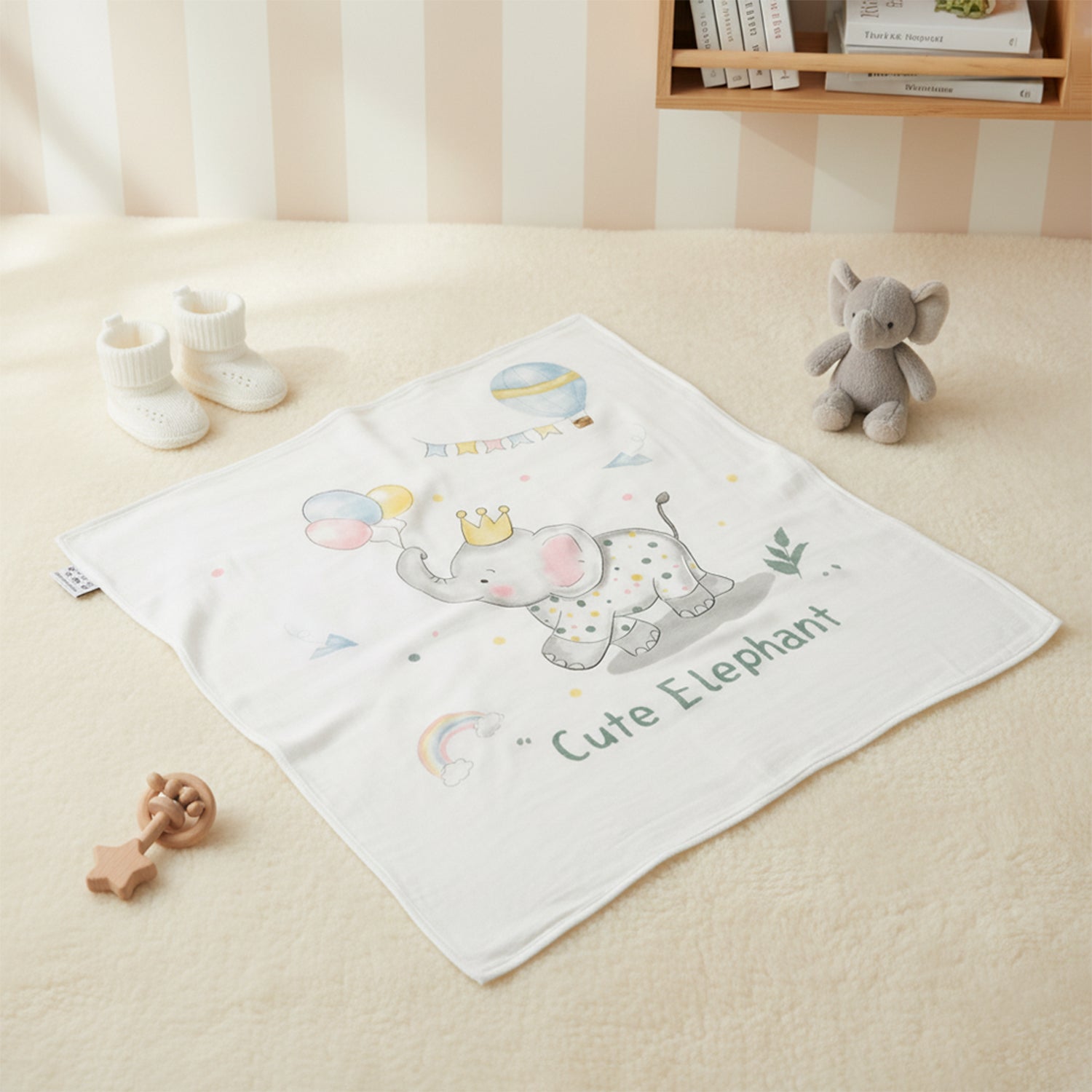 Baby Moo Cute Elephant Double Layered Cooling Breathable Bamboo Blanket - White