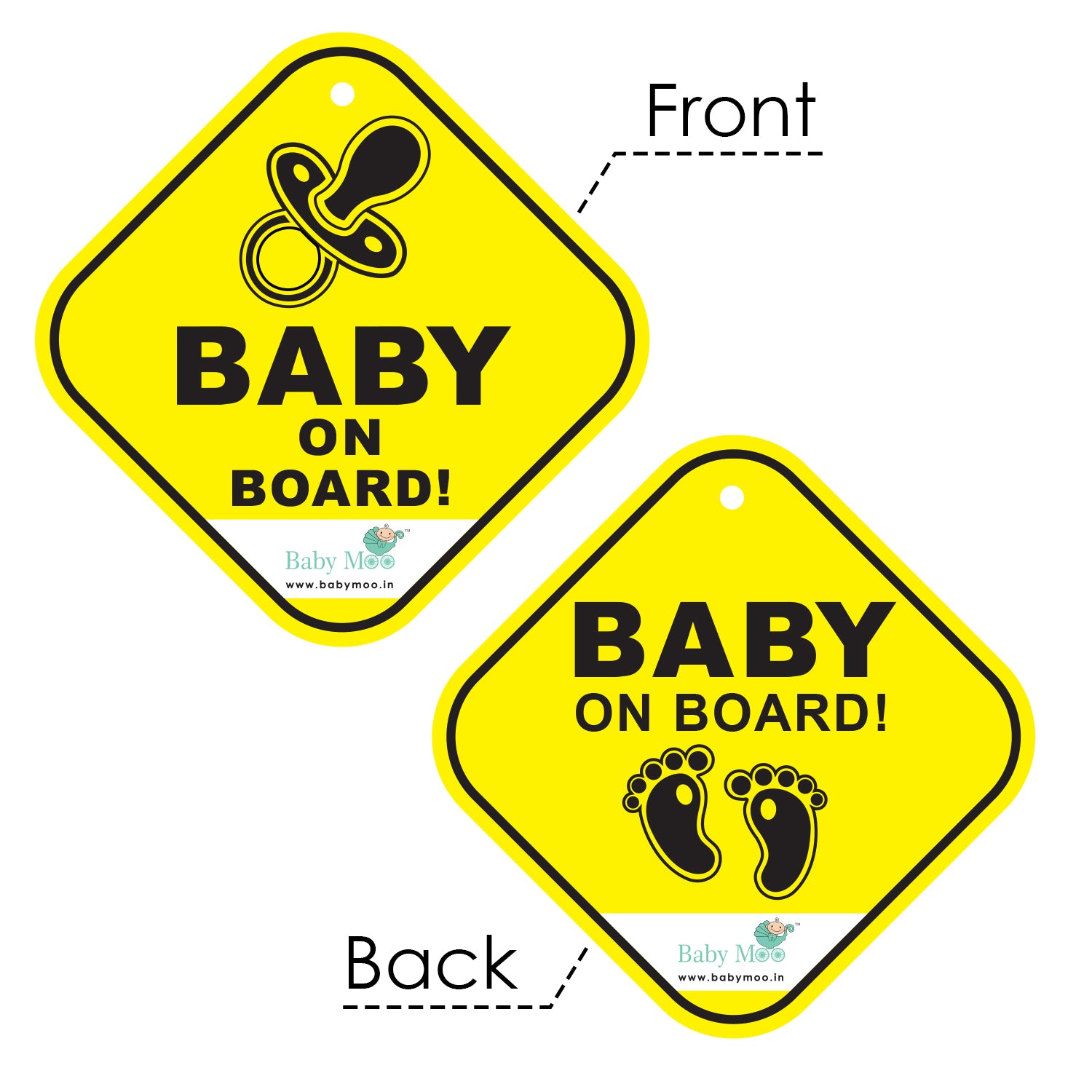 Baby Moo Pacifier And Tiny Feet Car Safety Sign With Vacuum Suction Cup Clip Double Side - Black