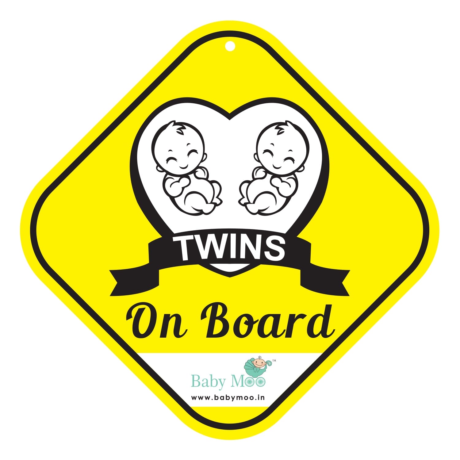 Baby Moo Twins On Board With Vacuum Suction Cup Clip - Yellow - Baby Moo