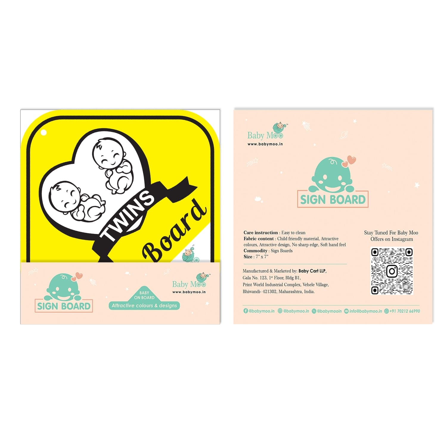 Baby Moo Twins On Board With Vacuum Suction Cup Clip - Yellow