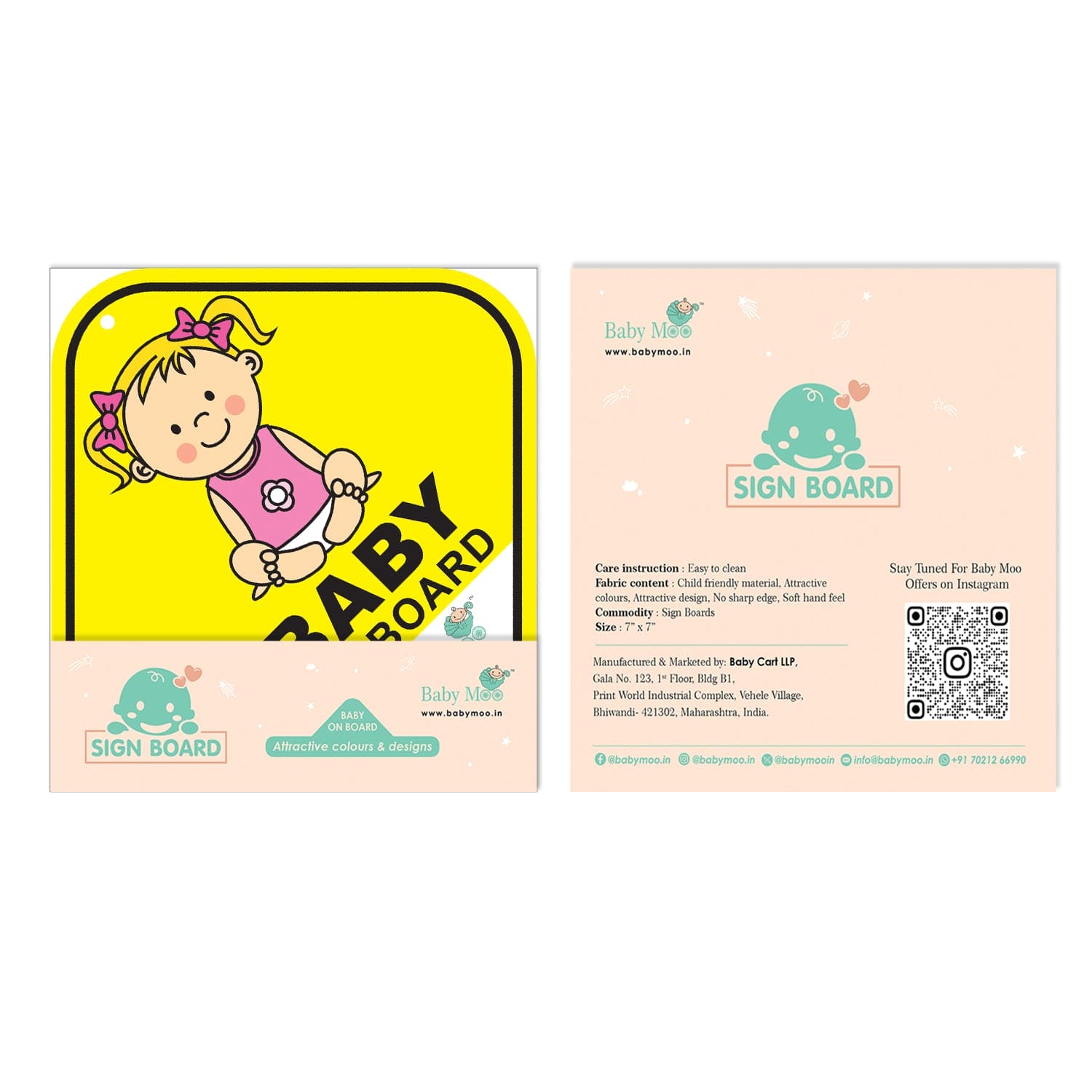 Baby Moo Infant Car Safety Sign Board With Vacuum Suction Cup Clip - Yellow - Baby Moo