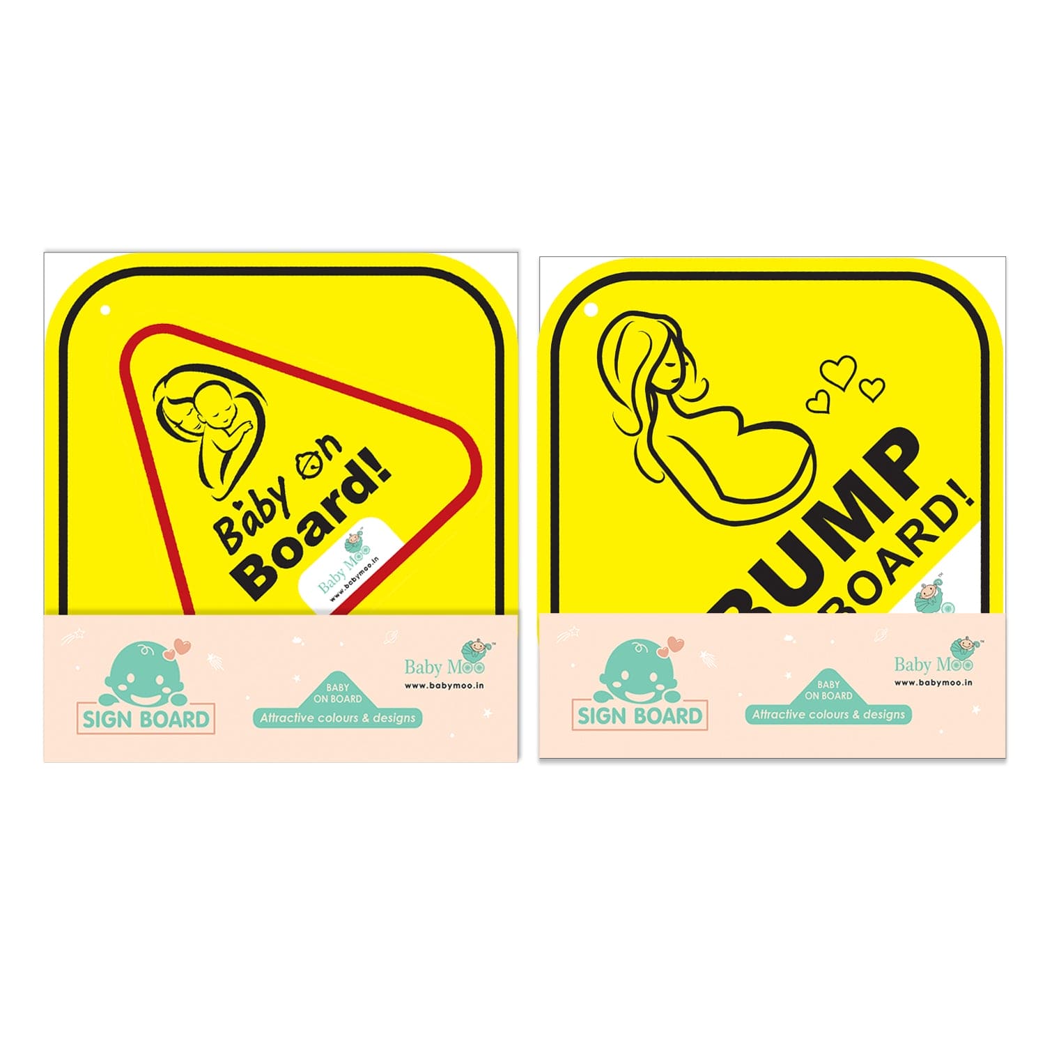Baby Moo Bump And Baby On Board Car Safety Sign With Suction Cup Clip 2 Pack - Yellow