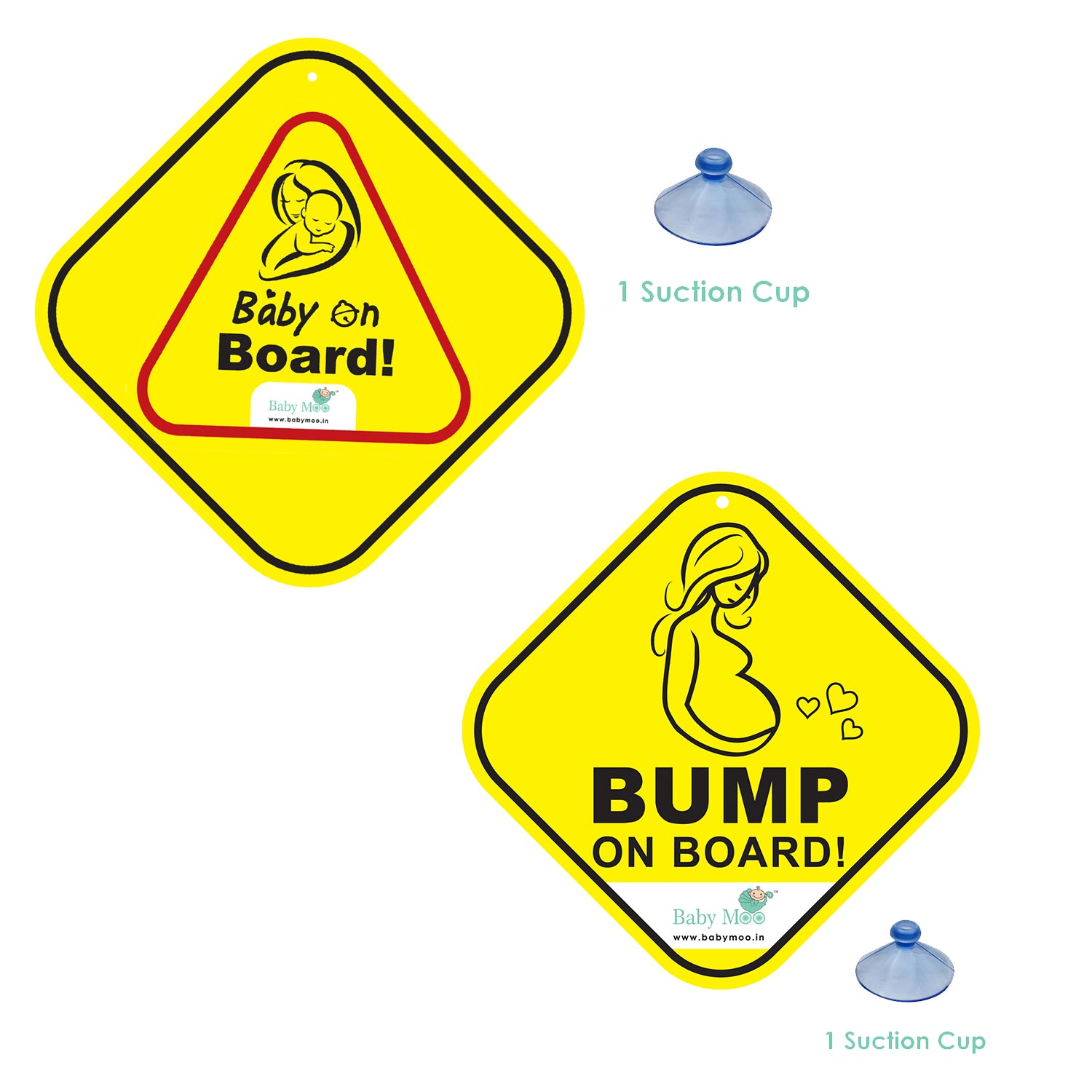 Baby Moo Bump And Baby On Board Car Safety Sign With Suction Cup Clip 2 Pack - Yellow