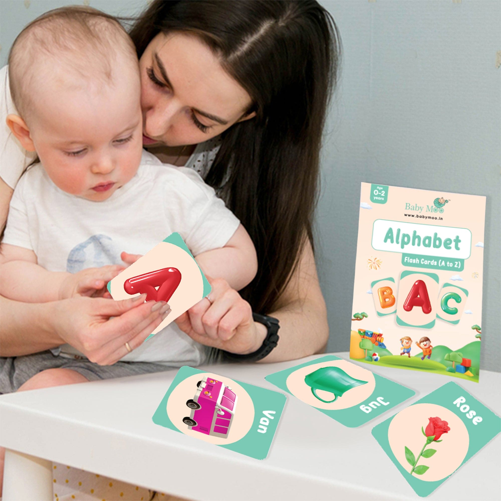 Baby Moo Alphabet A To Z 26 Flash Cards - Green, Peach