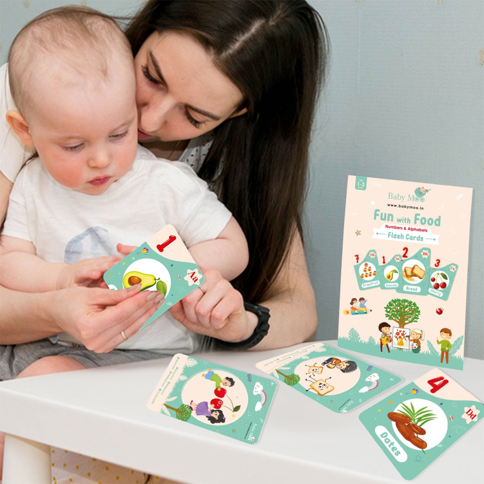 Baby Moo Fun With Food Numbers & Alphabets Montessori Set Of 10 Flash Cards - Green, Peach