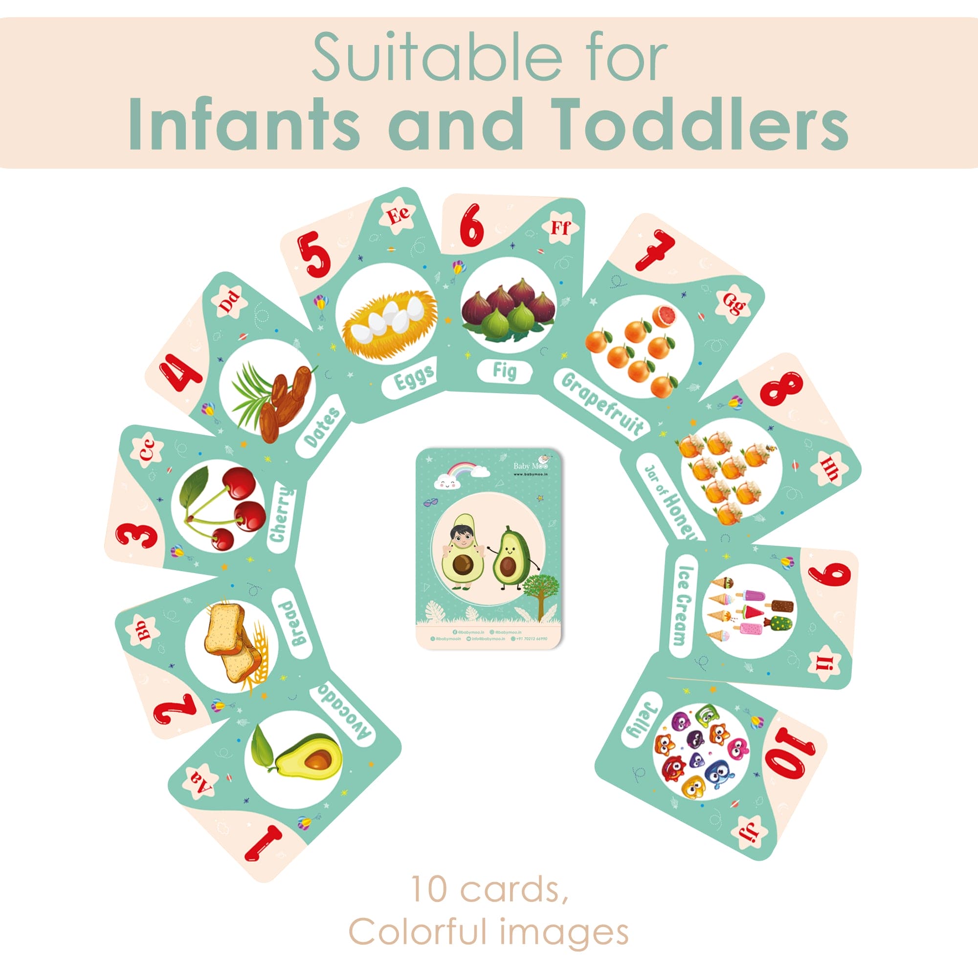 Baby Moo Fun With Food Numbers & Alphabets Montessori Set Of 10 Flash Cards - Green, Peach