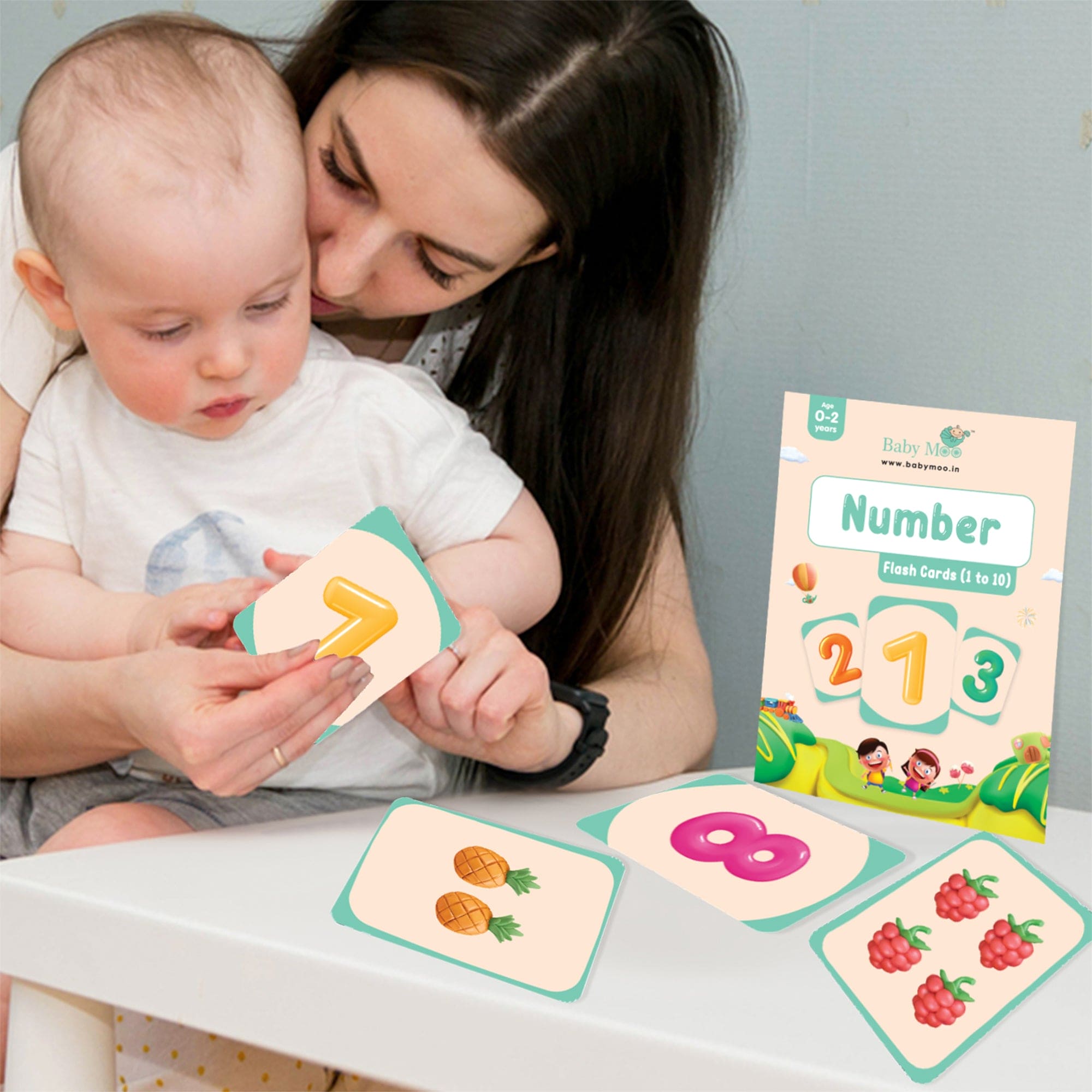 Baby Moo Numbers 1 To 10 Flash Cards - Green, Peach