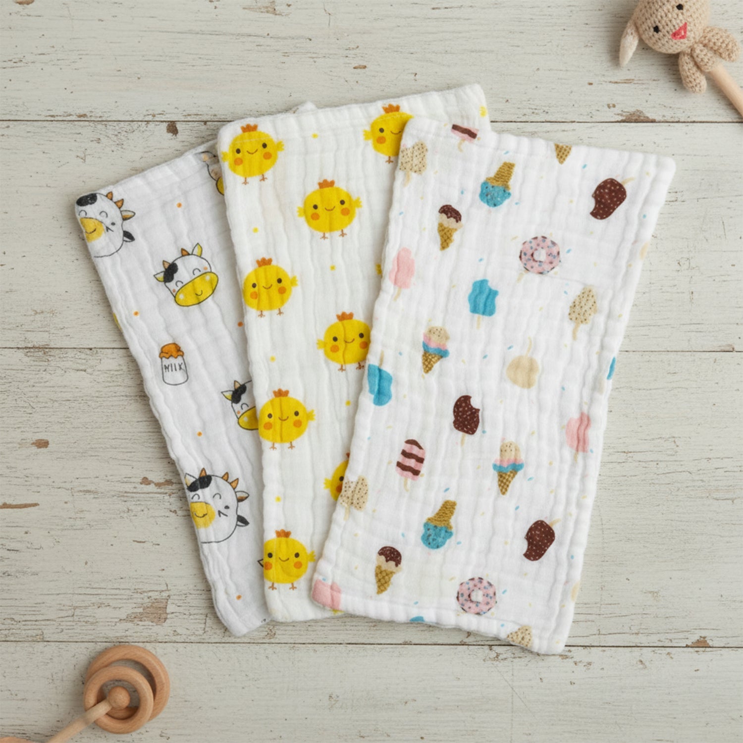 Baby Moo Printed Pack of 3 Soft Muslin Burp Cloth - White