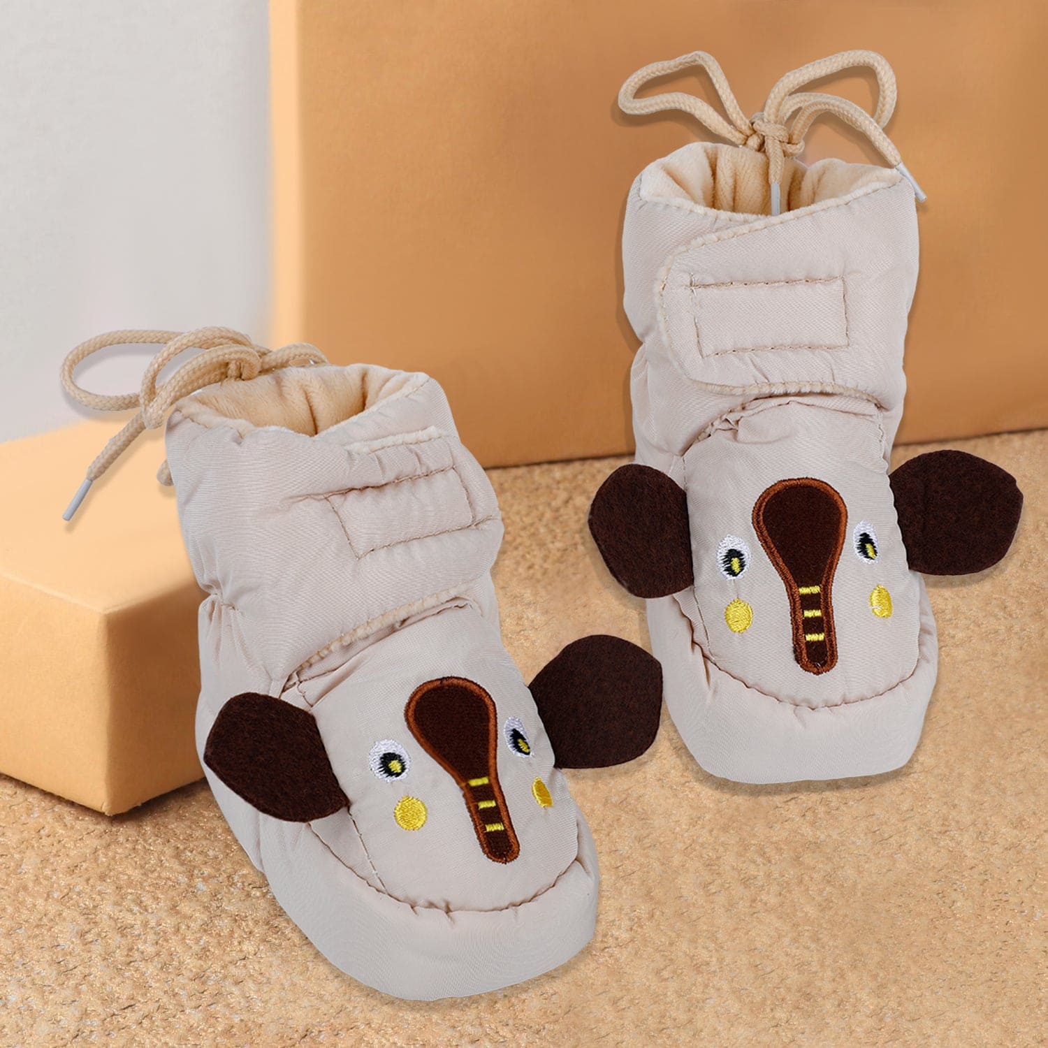 Baby Moo Elephant Soft Fleece Lined Velcro Anti Skid Booties - Beige