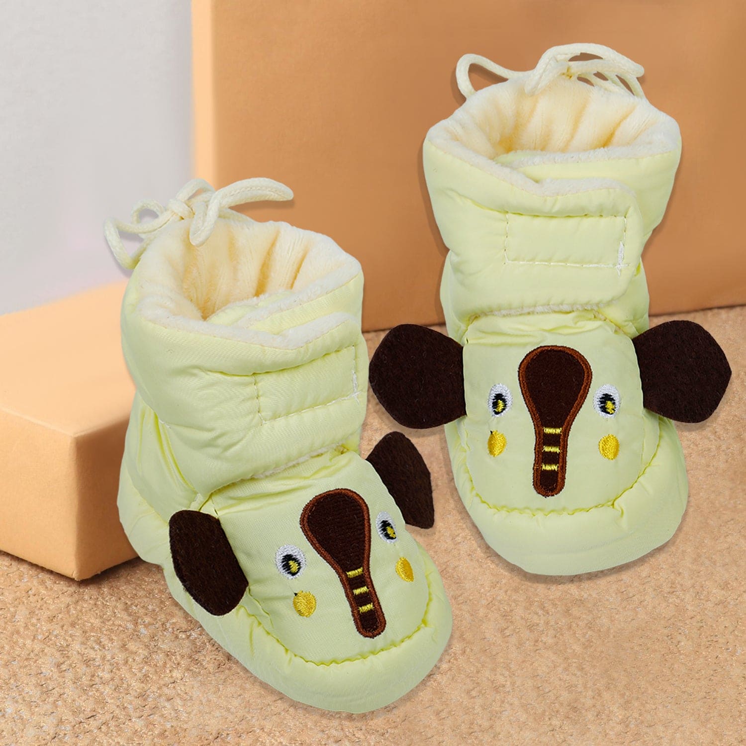 Baby Moo Elephant Soft Fleece Lined Velcro Anti Skid Booties - Yellow