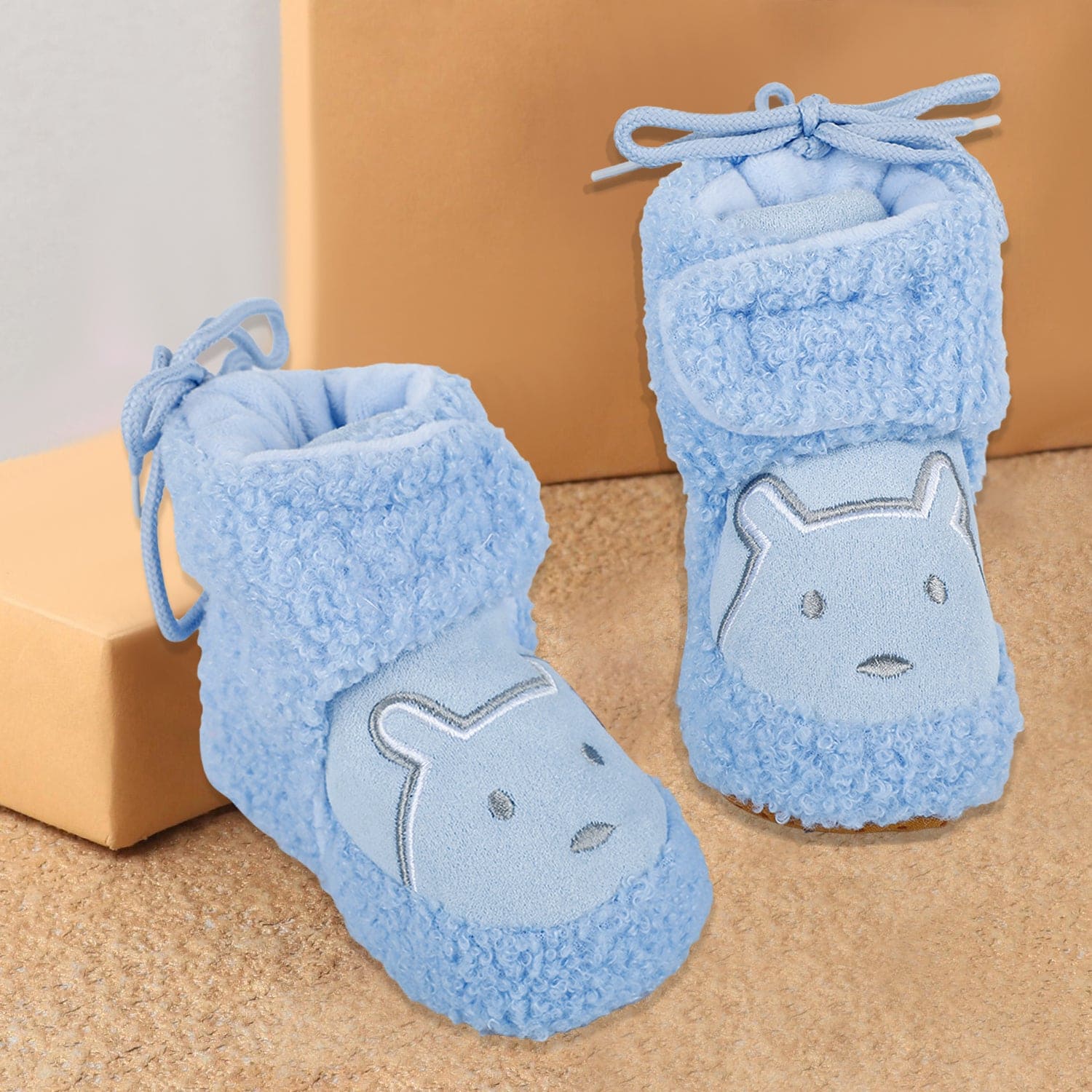 Baby Moo Bear Soft Fleece Lined Velcro Anti Skid Booties - Blue