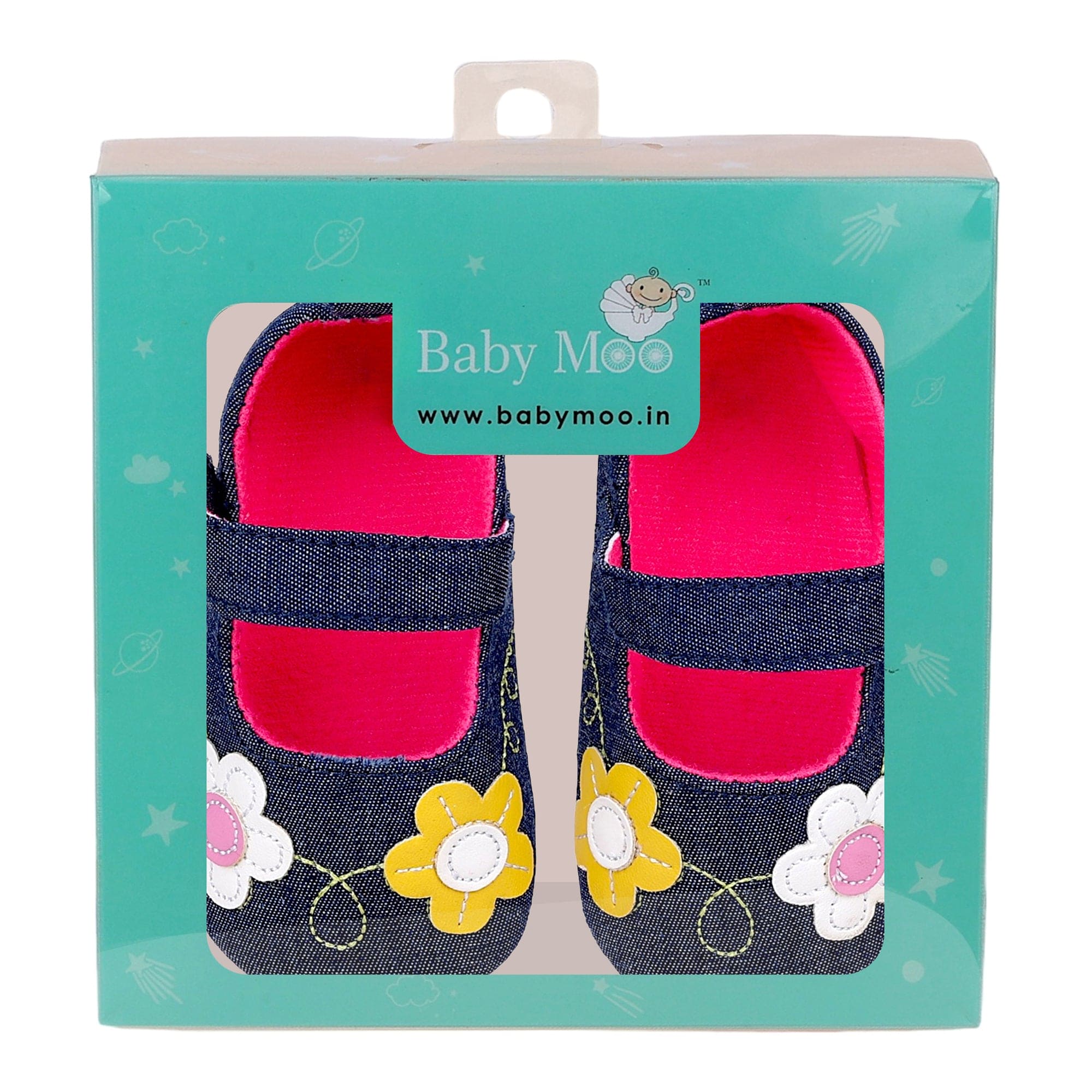 Baby Moo Floral Applique Anti-Skid Ballerina Booties - Navy Blue