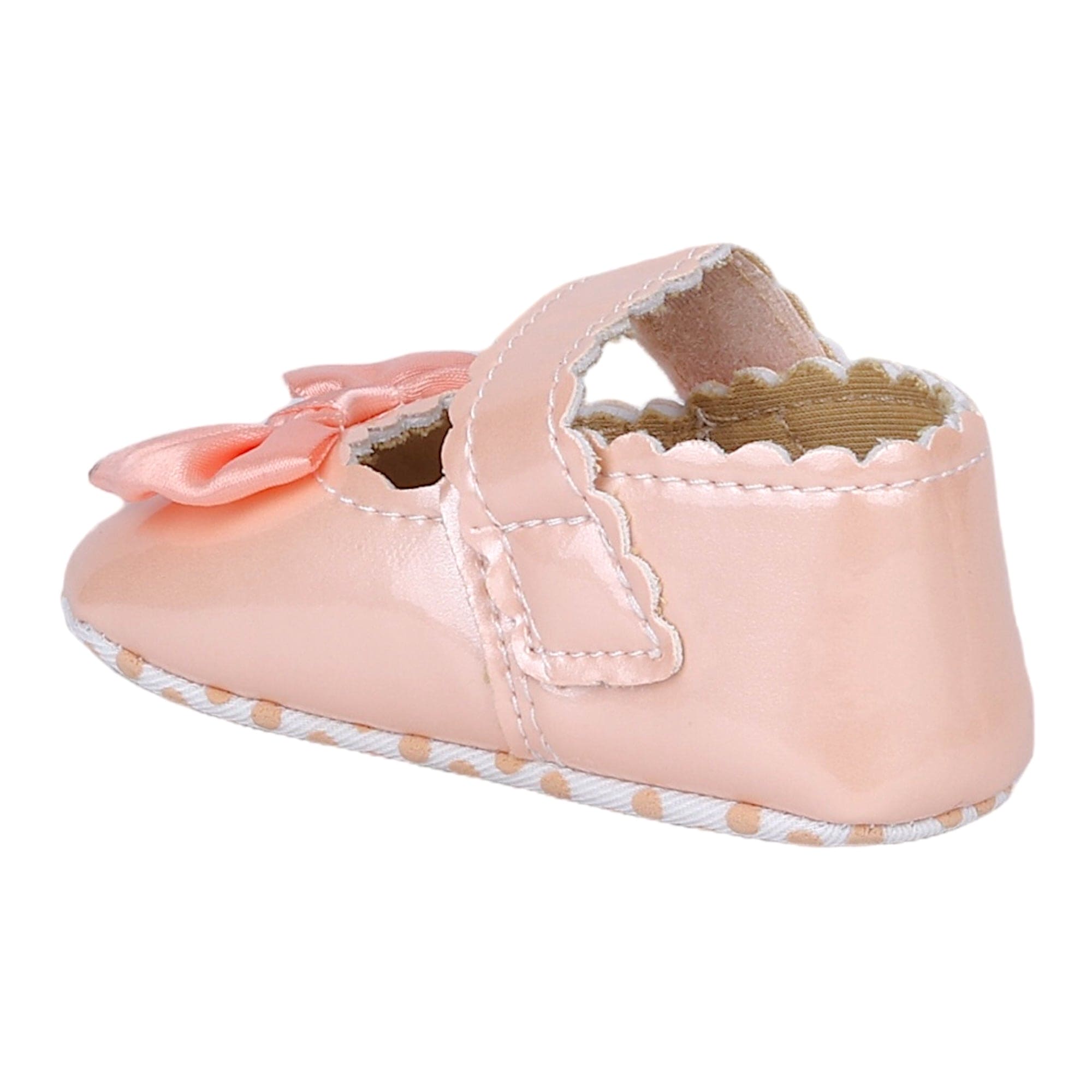 Baby Moo Bow Appplique Velcro Strap Anti-Skid Ballerina Booties - Peach