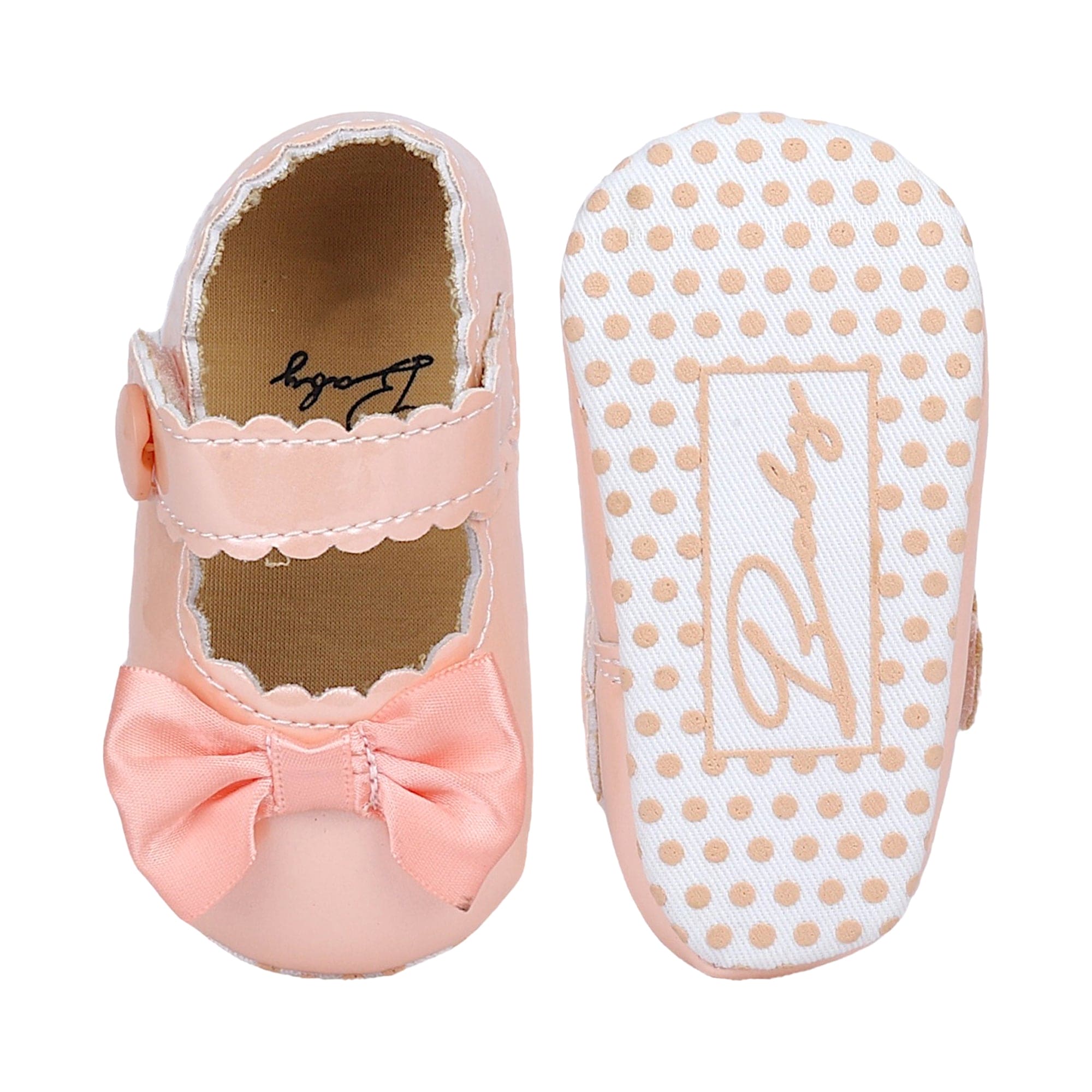 Baby Moo Bow Appplique Velcro Strap Anti-Skid Ballerina Booties - Peach