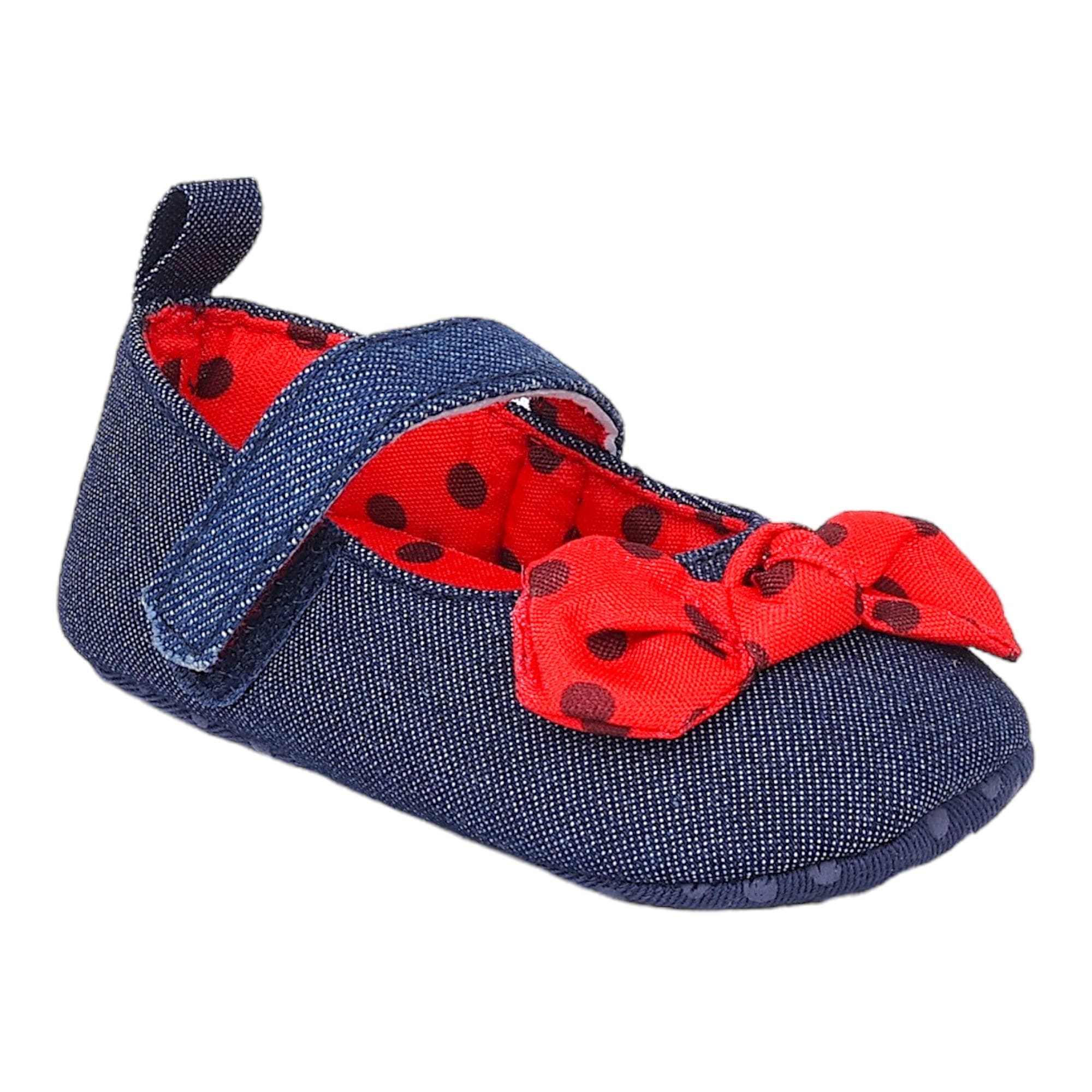 Baby Moo Polka Bow Knot Velcro Strap Denim Ballerina Booties - Navy Blue
