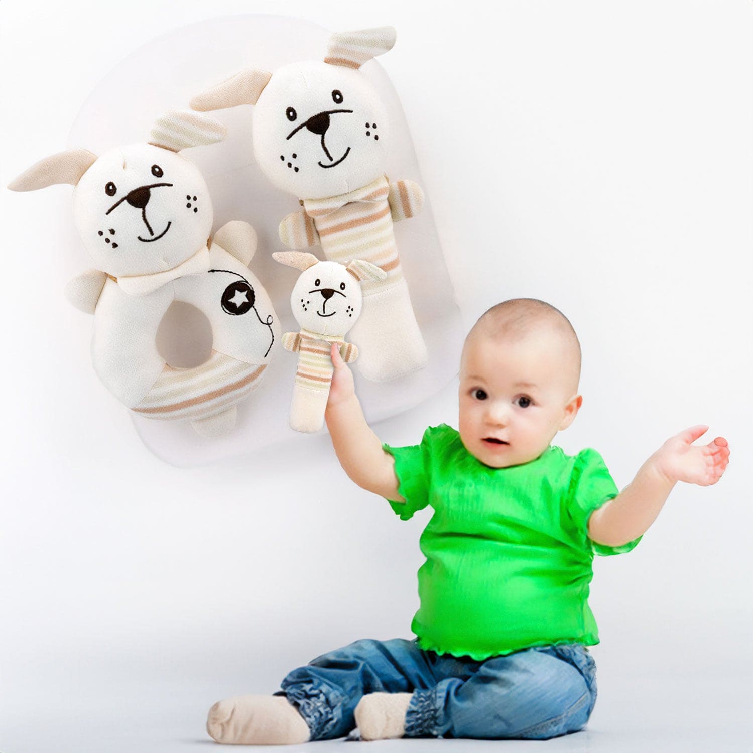 Baby Moo Puppy Love 2 Pack Squeaker Handheld Rattle Toy - Cream