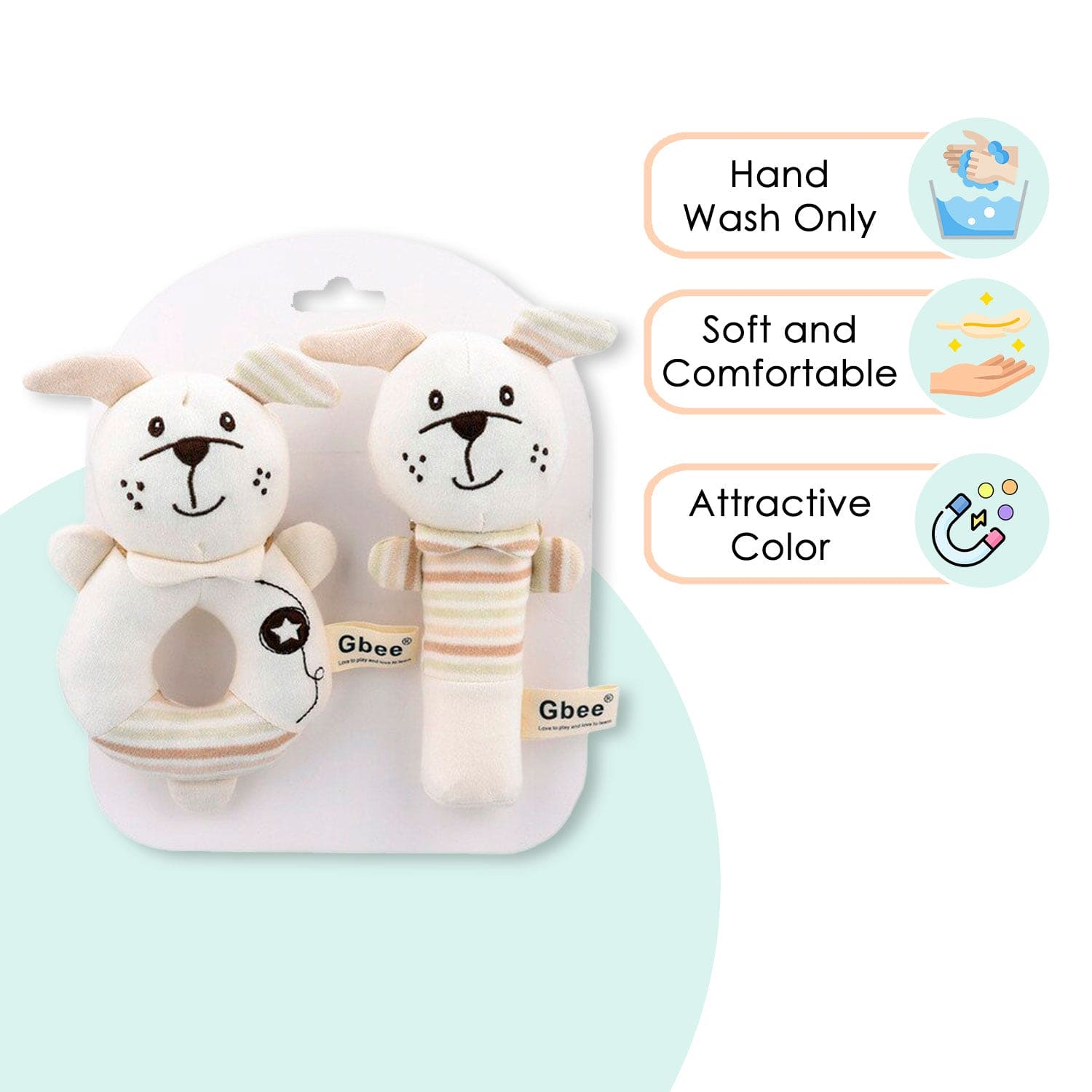 Baby Moo Puppy Love 2 Pack Squeaker Handheld Rattle Toy - Cream