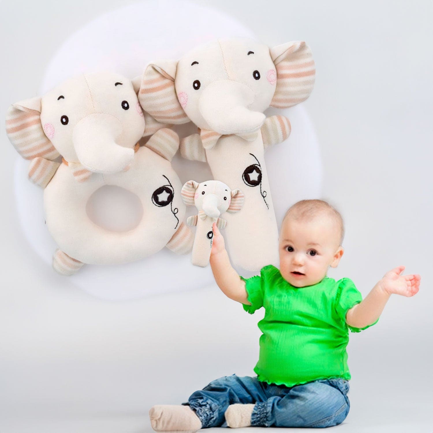 Baby Moo Tiny Trunk 2 Pack Squeaker Handheld Rattle Toy - Cream