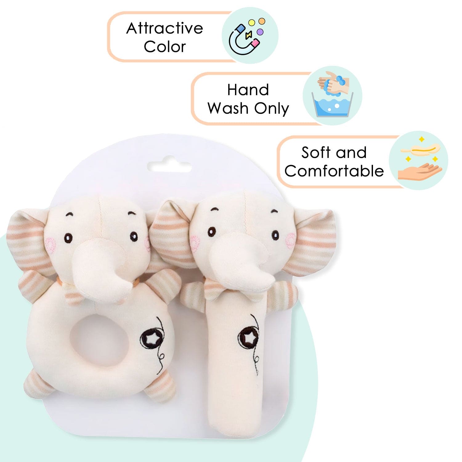 Baby Moo Tiny Trunk 2 Pack Squeaker Handheld Rattle Toy - Cream