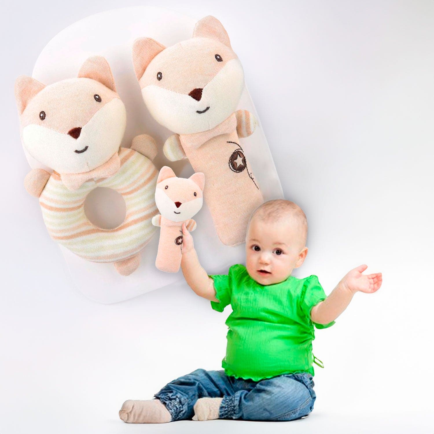Baby Moo Foxy Fun 2 Pack Squeaker Handheld Rattle Toy - Beige