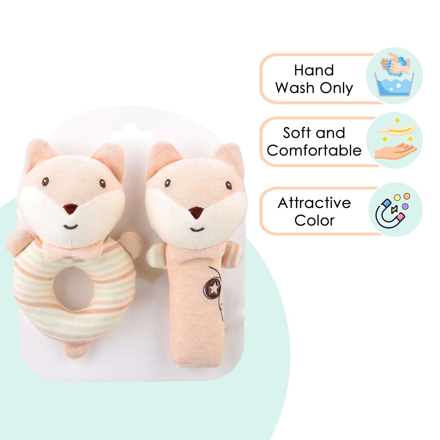 Baby Moo Foxy Fun 2 Pack Squeaker Handheld Rattle Toy - Beige