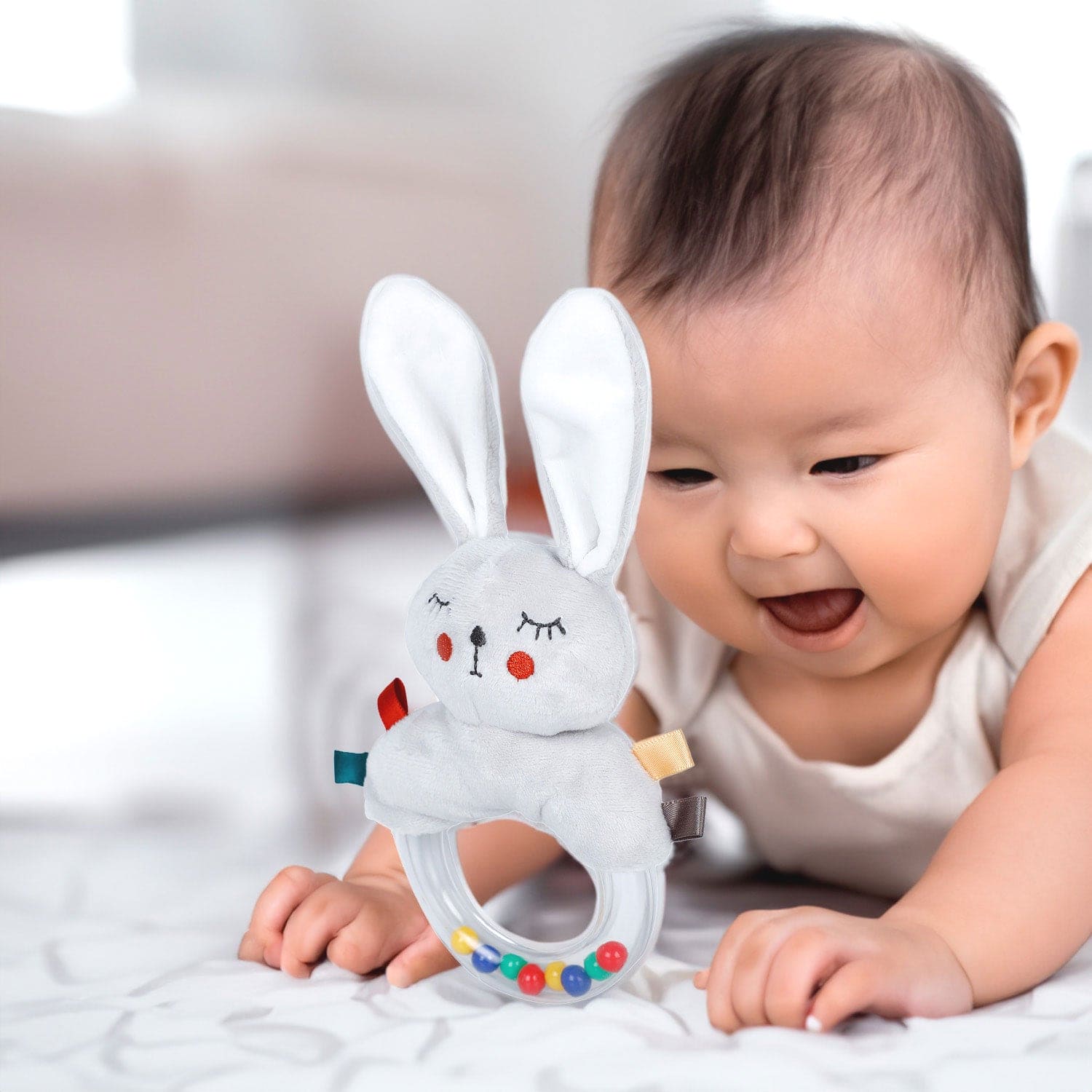 Baby Moo Sleepy Bunny Sensory Hand Grab Developmental Plush Handheld Ring Rattle Toy - Grey