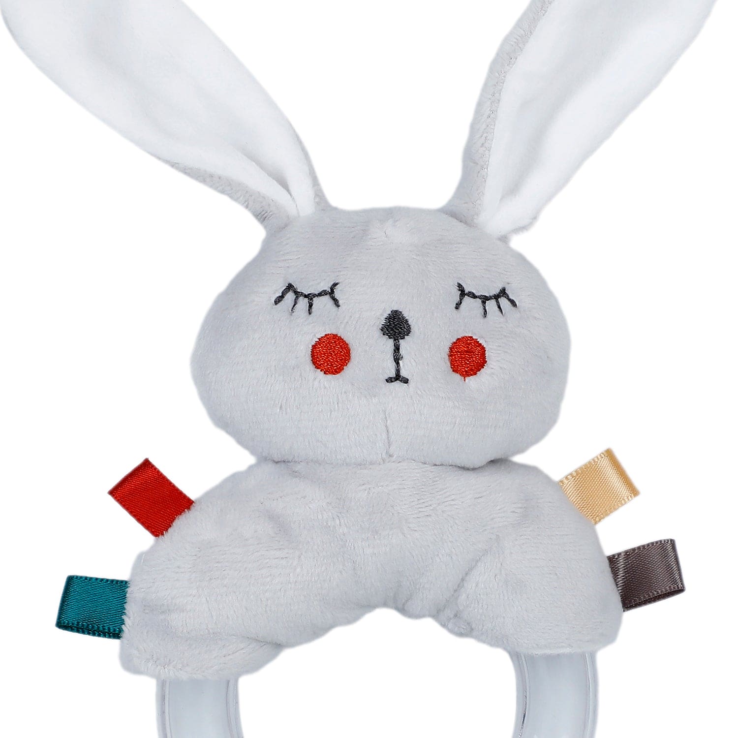 Baby Moo Sleepy Bunny Sensory Hand Grab Developmental Plush Handheld Ring Rattle Toy - Grey
