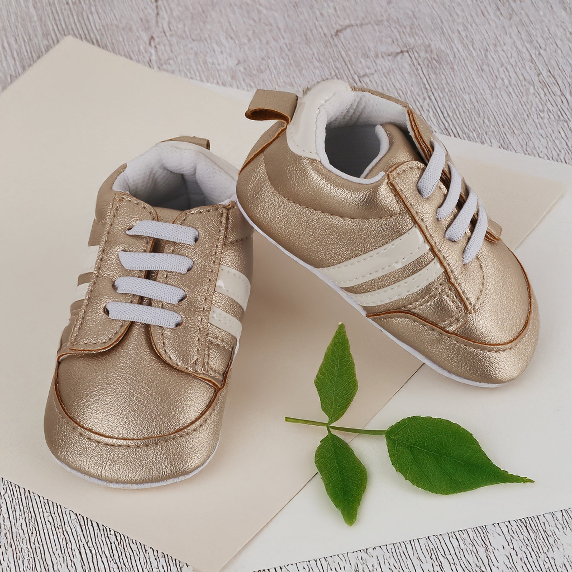 Baby Moo Striped Metallic Gold Lace Up Sneakers Booties