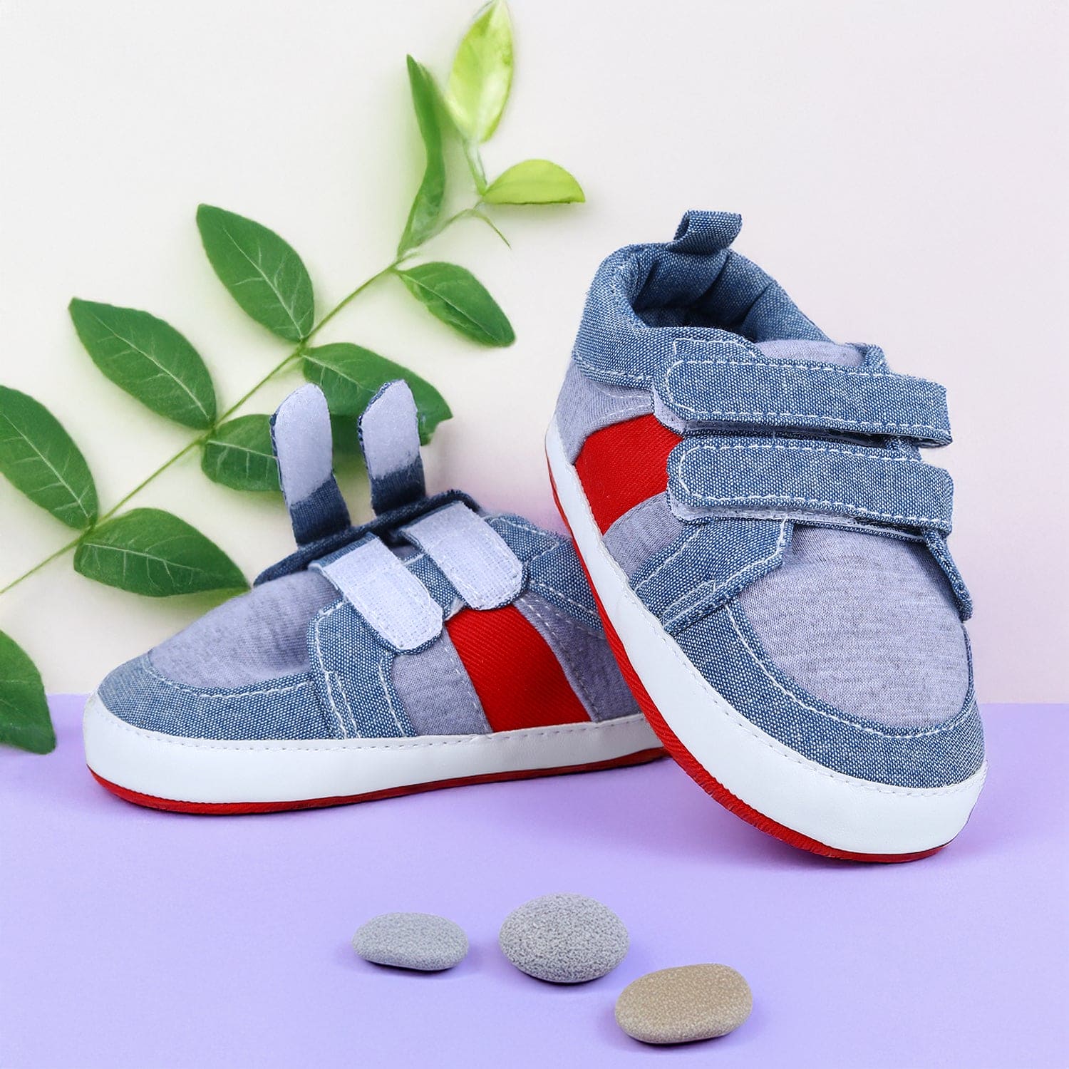 Colour Blocked Cute And Casual Denim Velcro Booties - Blue And Red