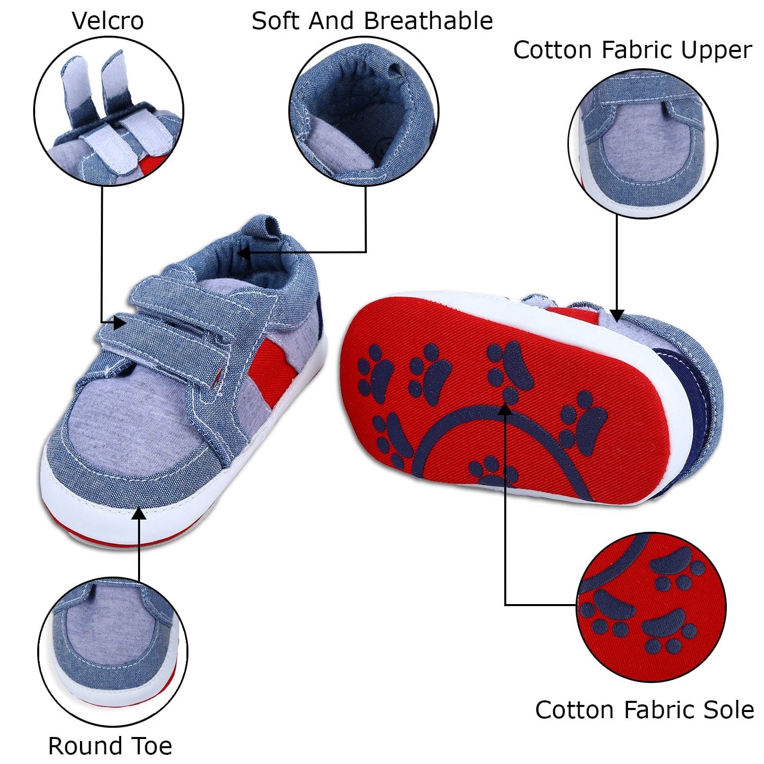 Colour Blocked Cute And Casual Denim Velcro Booties - Blue And Red